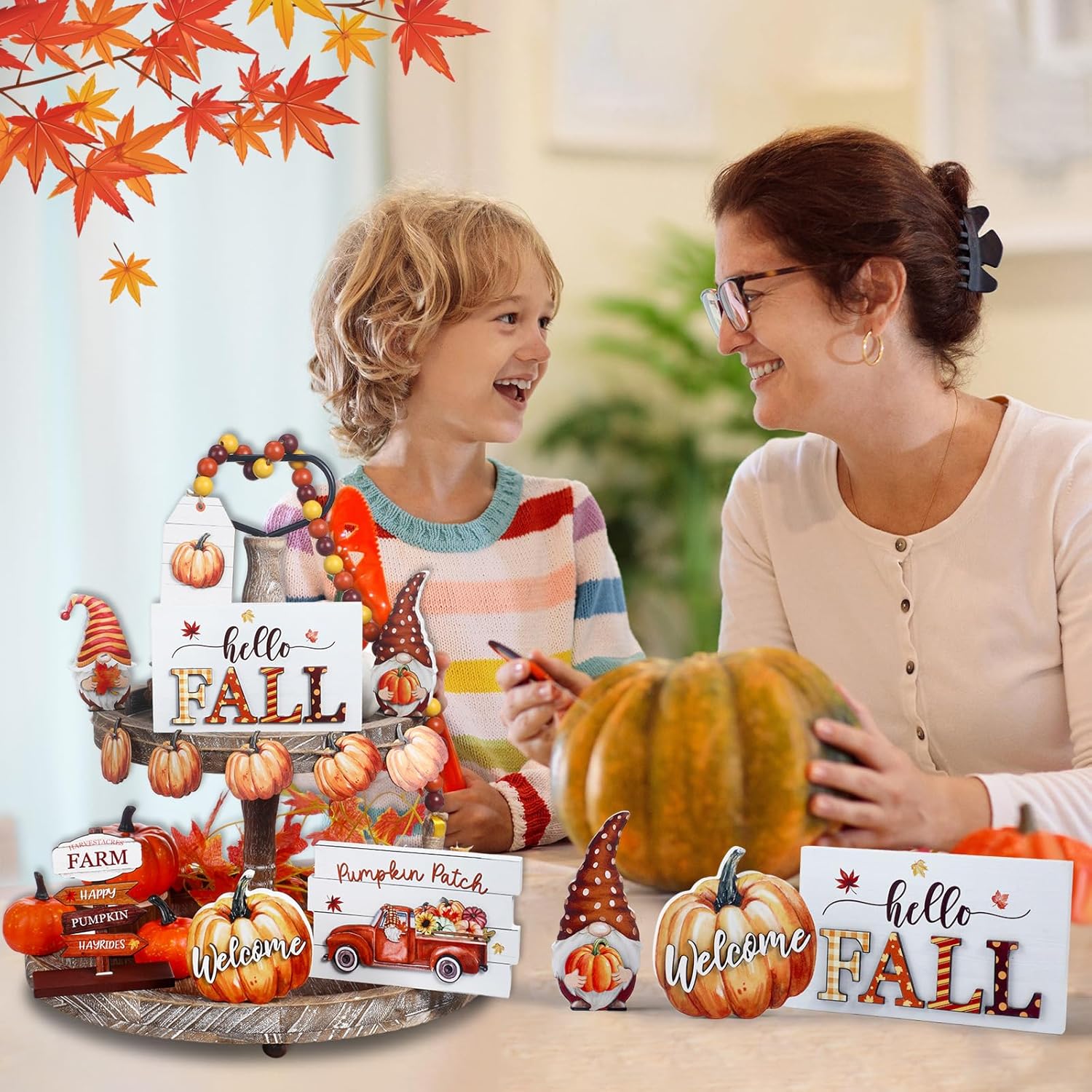 Juego de 12 piezas de decoración de bandejas escalonadas de madera con texto en inglés “Hello Fall Pumpkin Gnomo”, letreros para otoño, vacaciones,