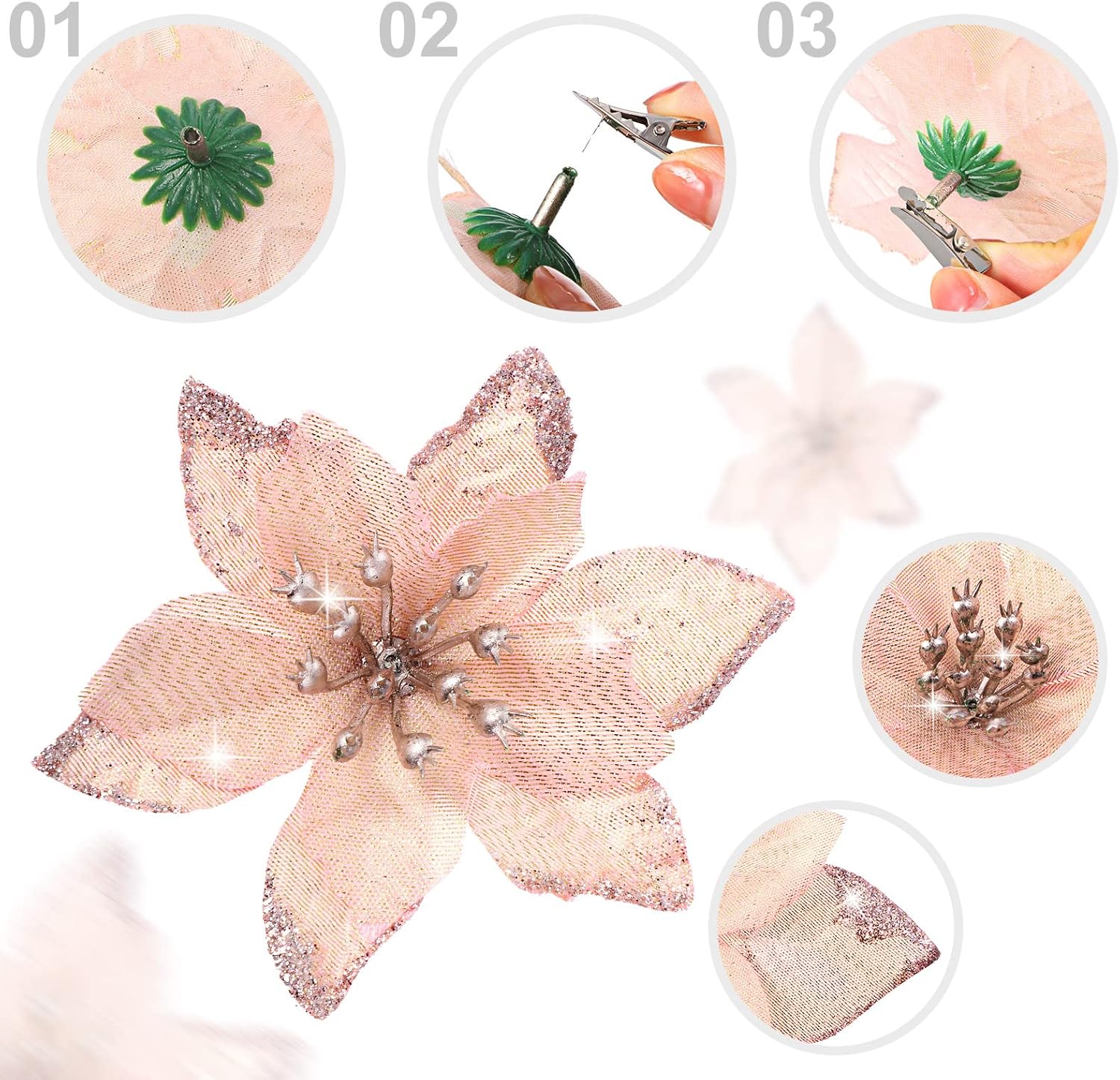 24 piezas de flores de pascua con brillantina para Navidad de 3 tamaños, flores de imitación para bodas, adornos navideños para el árbol de Navidad,