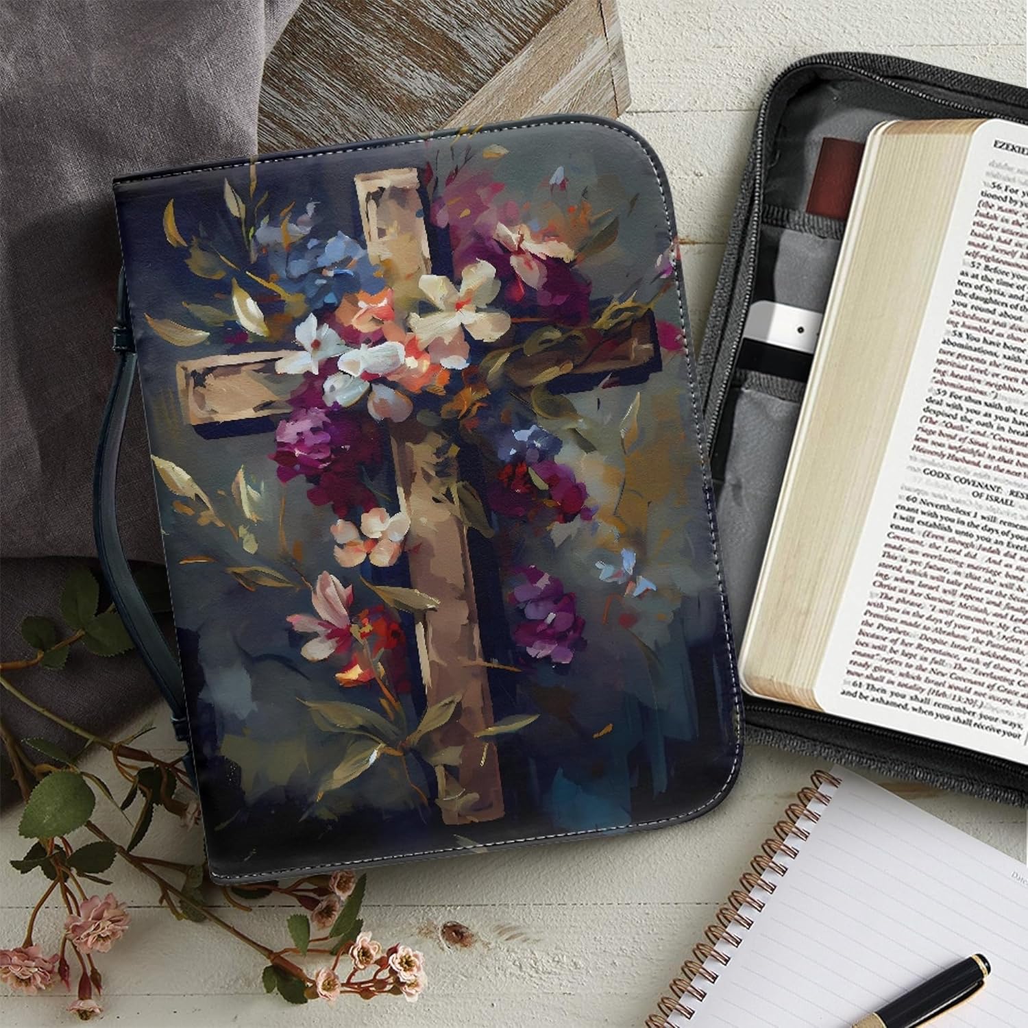 ZOCAVIA Funda de cuero para la Biblia con estampado floral, fundas de transporte para la Biblia para mujeres, con asa y bolsillos con cremallera,