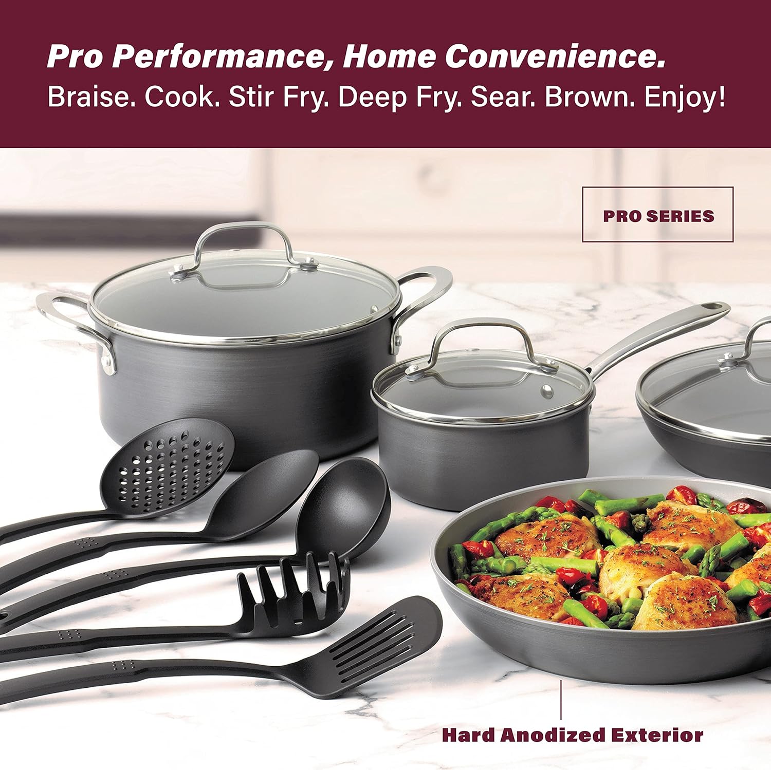 Granitestone Pro – Juego de ollas y sartenes de 8 piezas anodizadas duras de primera calidad  + juego de utensilios de cocina de 5 piezas  con
