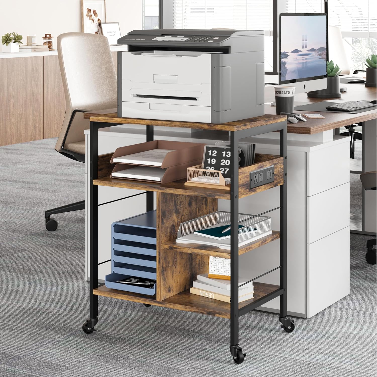 IDEALHOUSE Soporte de impresora grande con tomas de corriente y puertos de carga USB, mesa de impresora móvil con estante de almacenamiento, soporte