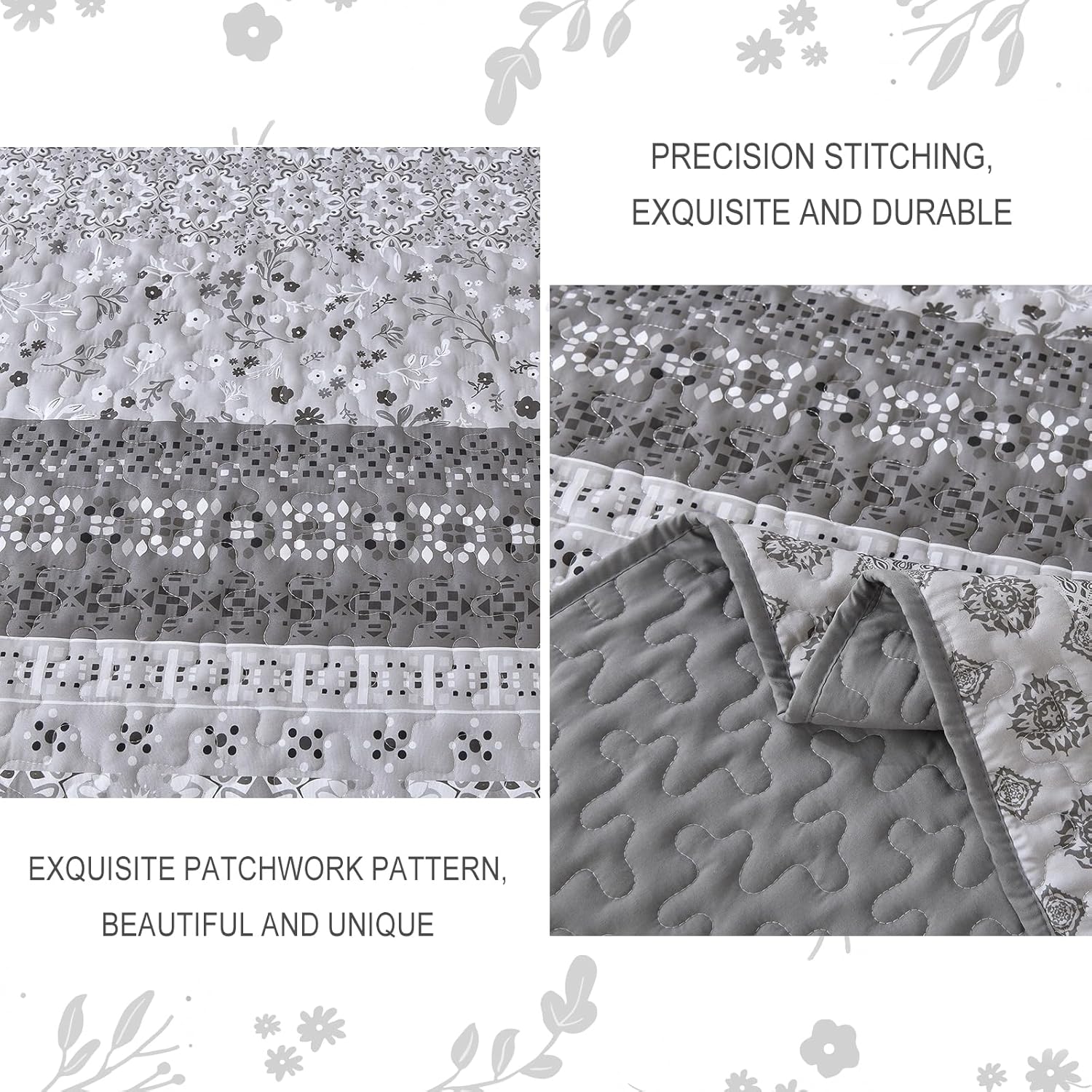 WONGS BEDDING Juego de edredón bohemio gris, tamaño Queen, juego de colcha de verano con 2 fundas de almohada, juego de ropa de cama bohemia de