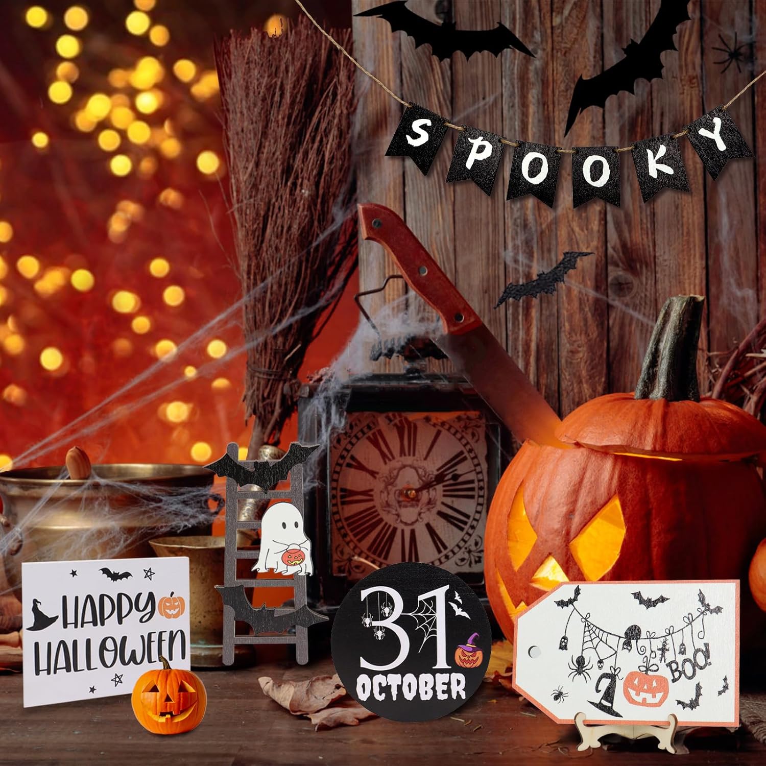 14 piezas de decoración de bandeja escalonada de Halloween, Boo Happy Halloween, juego de decoraciones de Halloween con cadena de luces LED,