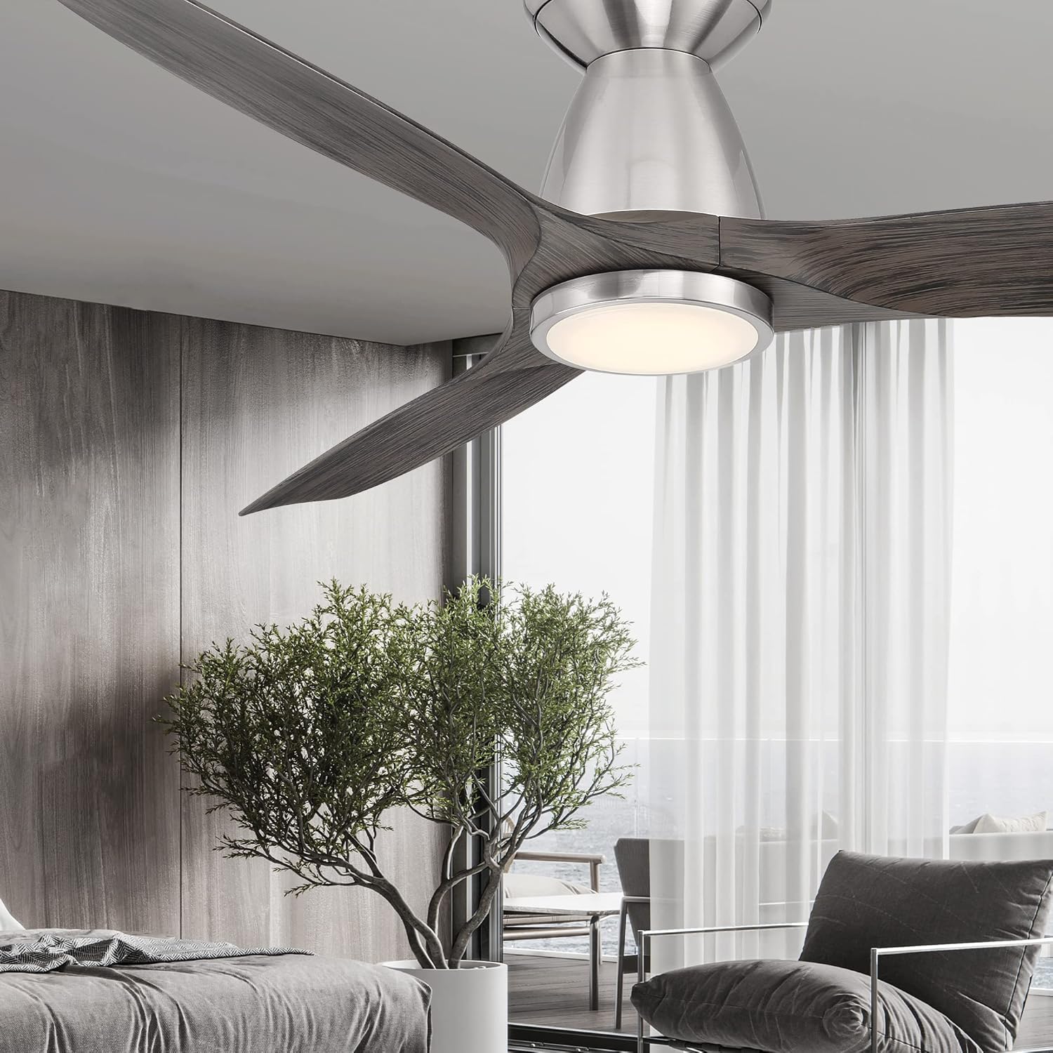 Skylark Smart – Ventilador de techo empotrado de 3 cuchillas para interiores y exteriores, kit de luz LED de 3000 K de níquel cepillado y ébano de