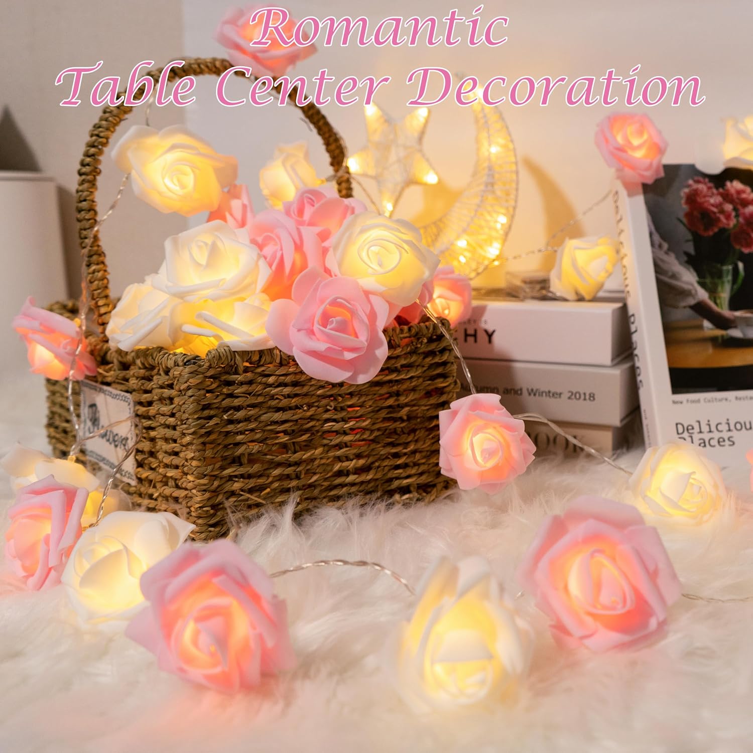 Guirnalda de luces de flores de rosas a pilas con control remoto, luces de hadas de 9.84 pies, 20 LED, 8 modos de flor, para bodas, fiestas, día de