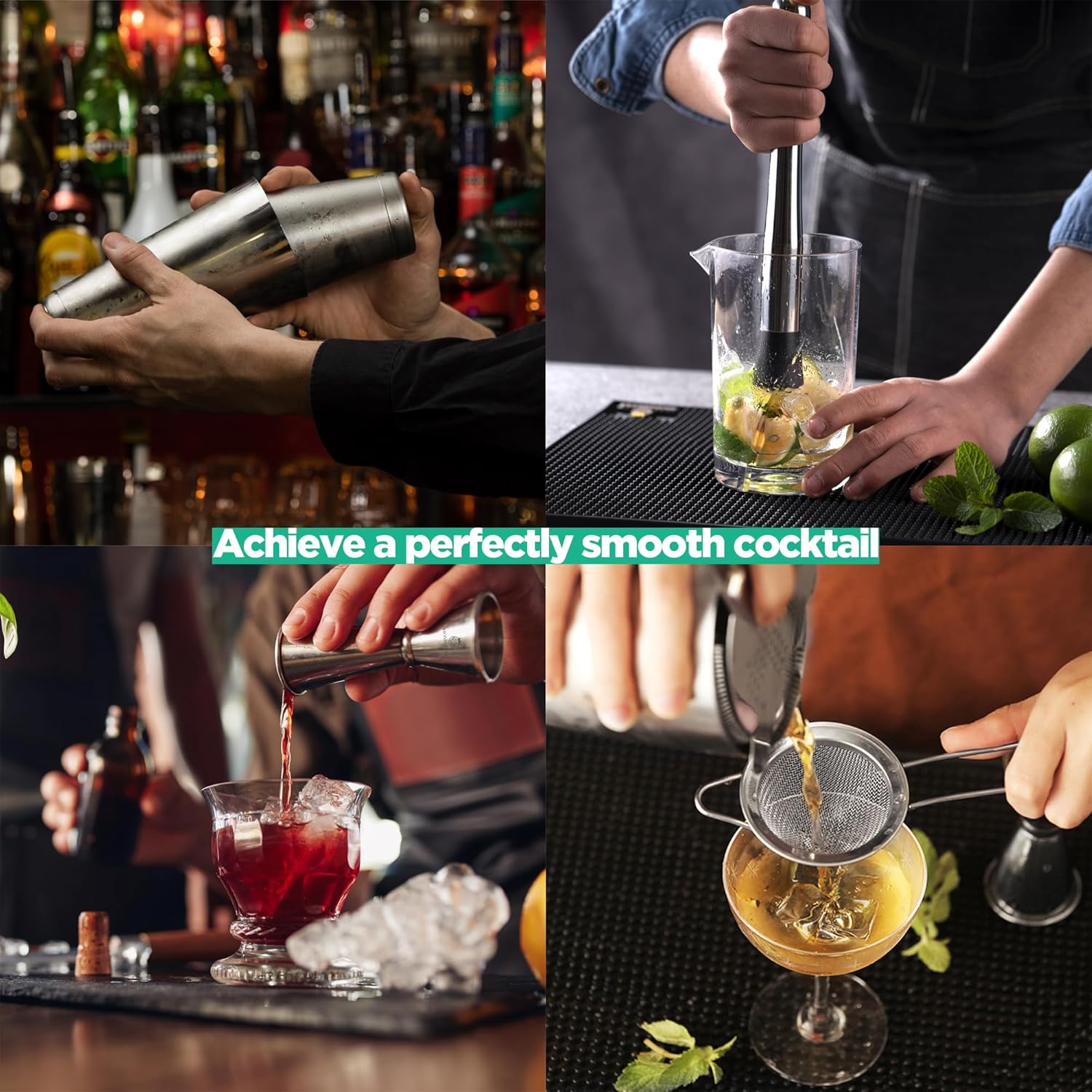 Homestia Juego de coctelera Boston de 18 piezas, kit de barman con soporte, juego de coctelera Boston, juego de coctelera de bebidas, kit de