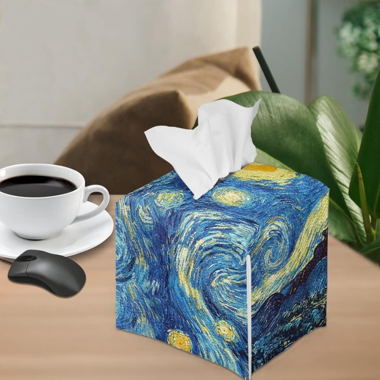 DISNIMO Van Gogh – Funda cuadrada de piel sintética para caja de pañuelos de noche estrellada, impermeable, decorativa, cuadrada, para mesa,