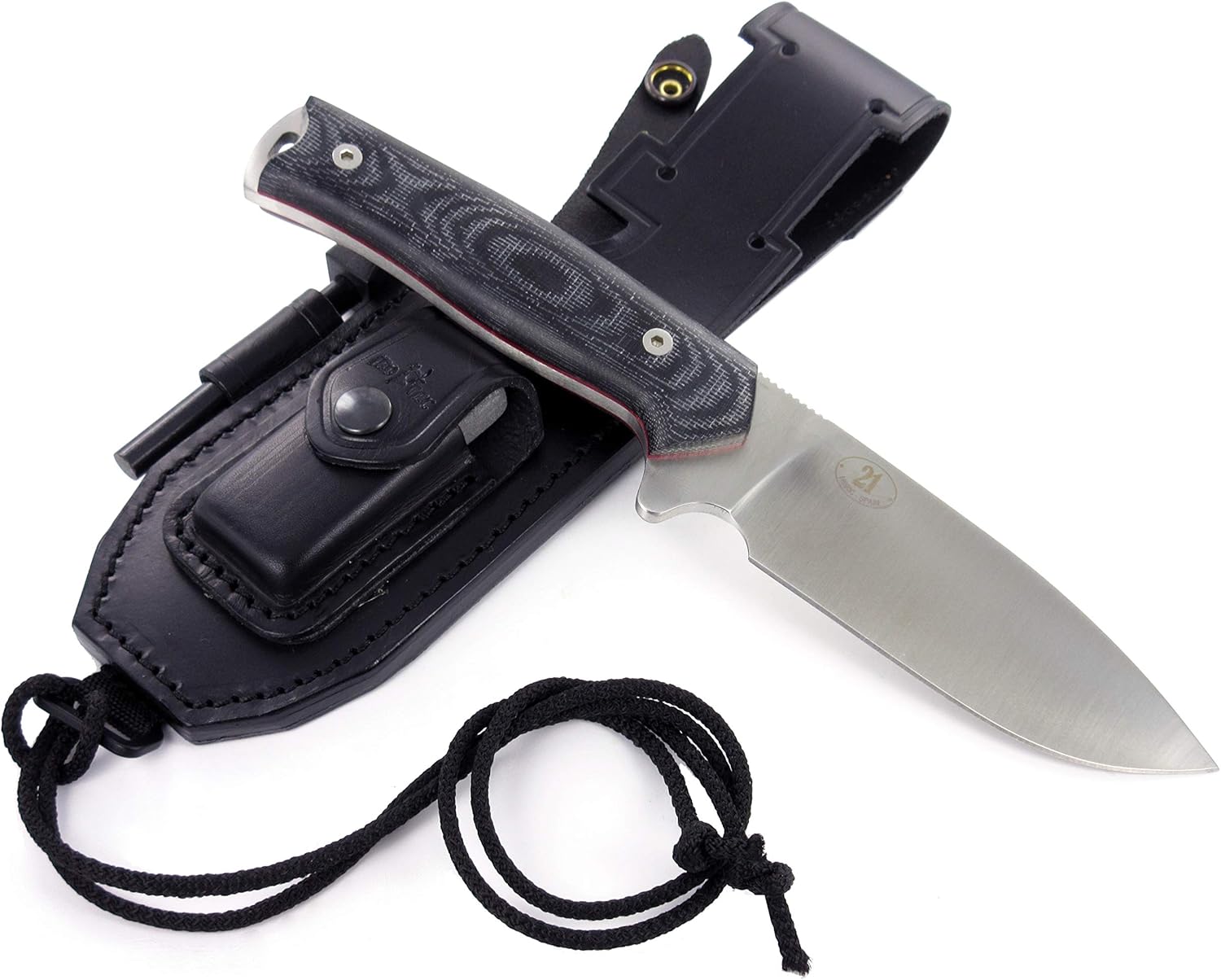JEO-TEC N21 Bushcraft Survival Hunting Cuchillo táctico de hoja fija – BOHLER N690C acero inoxidable, funda de cuero multiposición, piedra afiladora