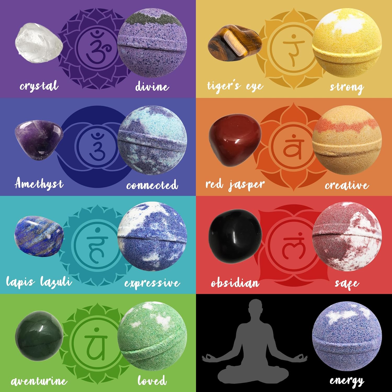 Bombas de baño con piedras preciosas curativas de chakras. 15 bombas de baño de aceites esenciales. Bombas de baño con piedras de chakra reales para