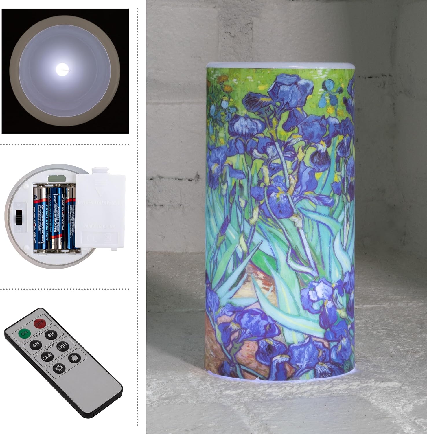 Lavish Home Vela LED con control remoto, Van Gogh Irises, funciona con pilas, con luz parpadeante realista, velas sin llama para decoración del hogar