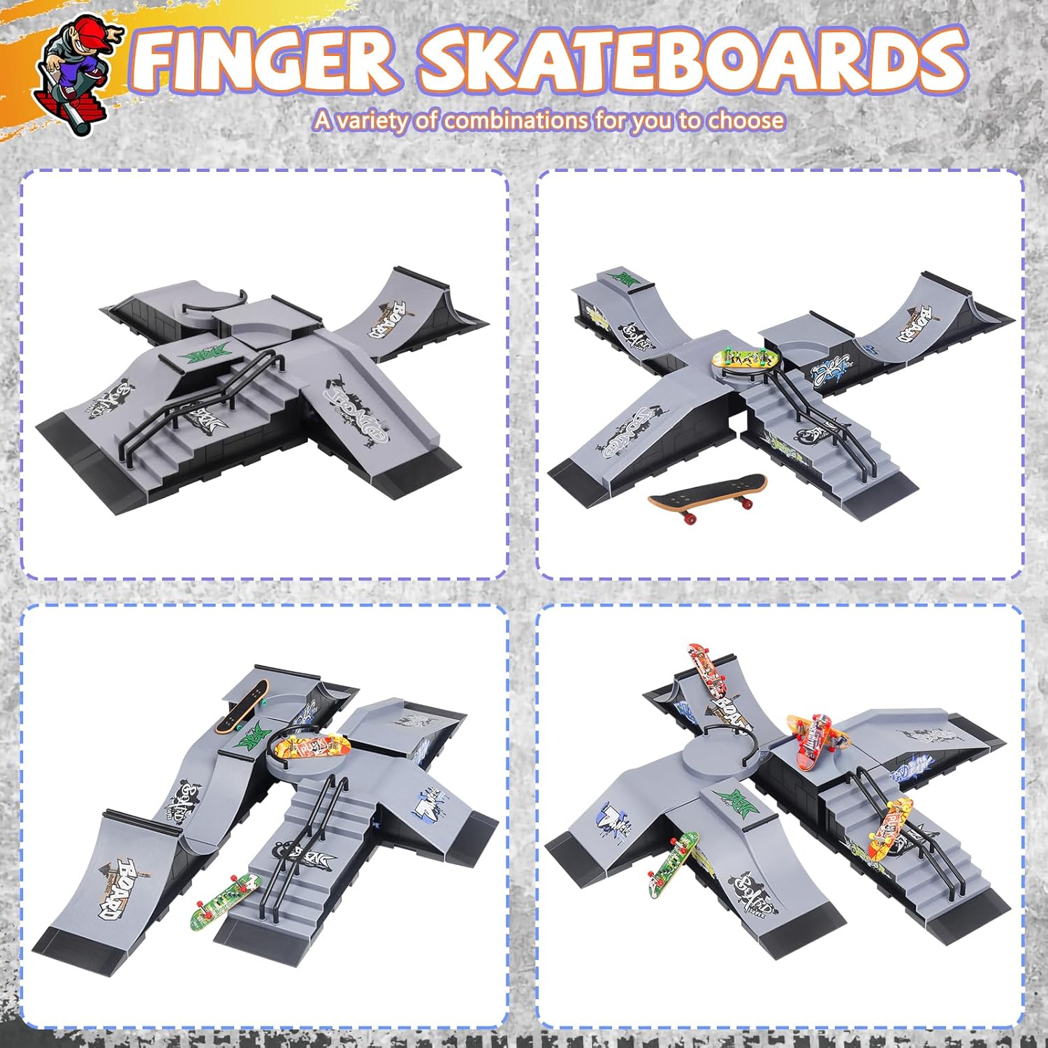 CS COSDDI Juego de rampa para patinetas de dedo, kit de riel de mini diapasón con 6 patinetas, 6 rampas de diapasón, juguete interavtivo para dedos