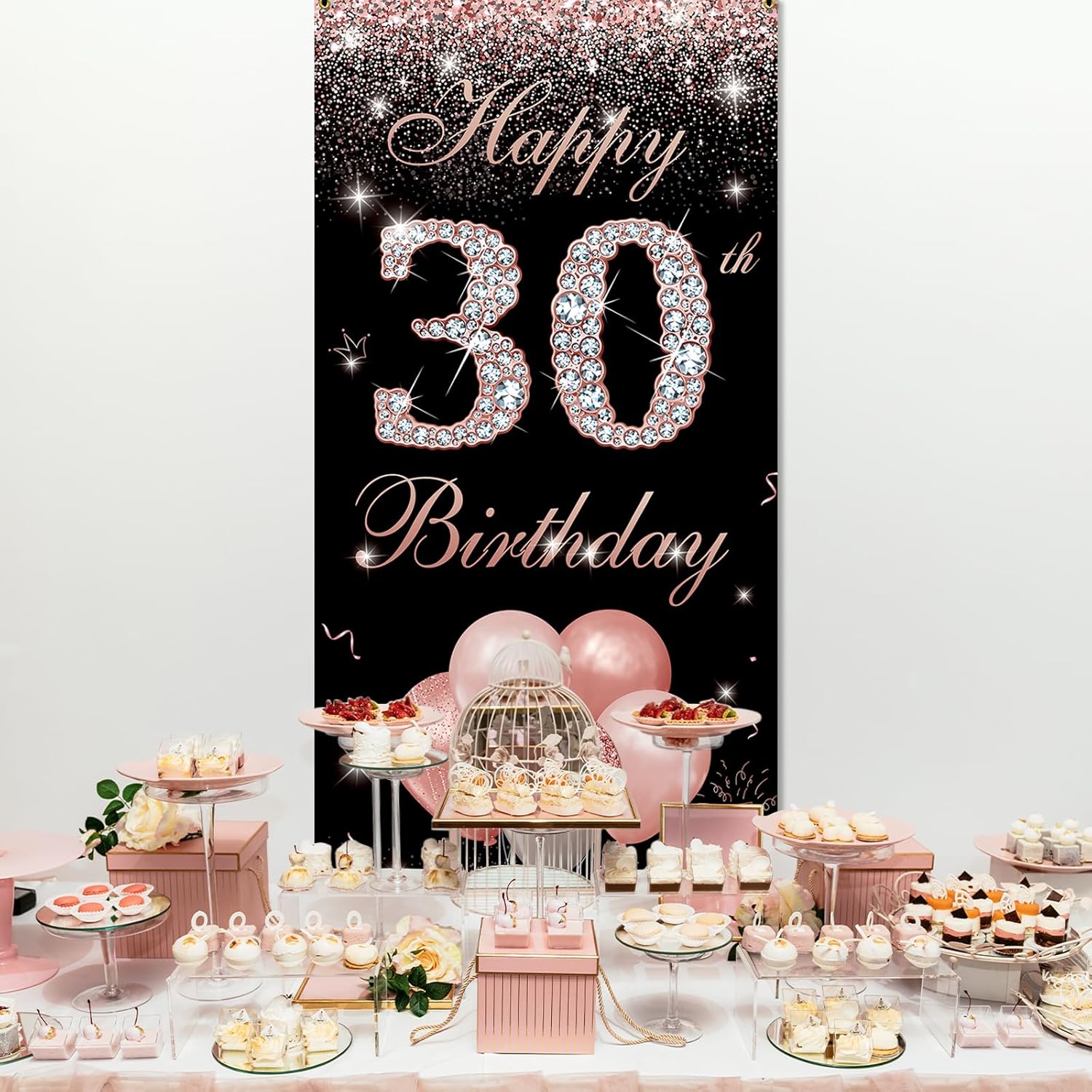 Cartel de fondo de 30 cumpleaños para puerta, color oro rosa, decoraciones de feliz cumpleaños 30 para mujeres, fabuloso cartel de fiesta de