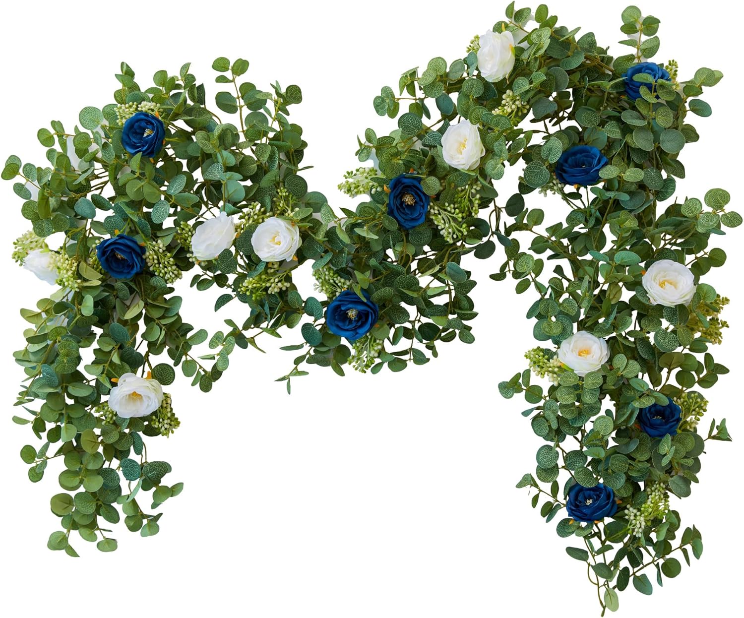 PARTY JOY Guirnalda de eucalipto con flores de 6.56 pies, 8 rosas azules y blancas, flores artificiales falsas, guirnalda de vides florales para