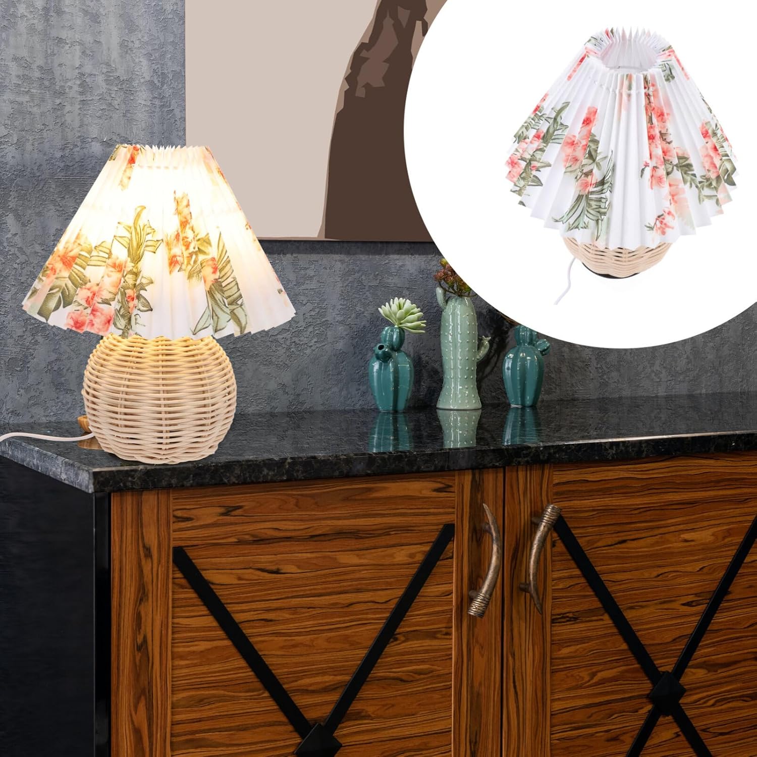 HOMSFOU 1 juego de lámparas de mesa de ratán con pantalla de tela, lámparas rústicas de mesita de noche, lámpara de escritorio plisada costera, luz