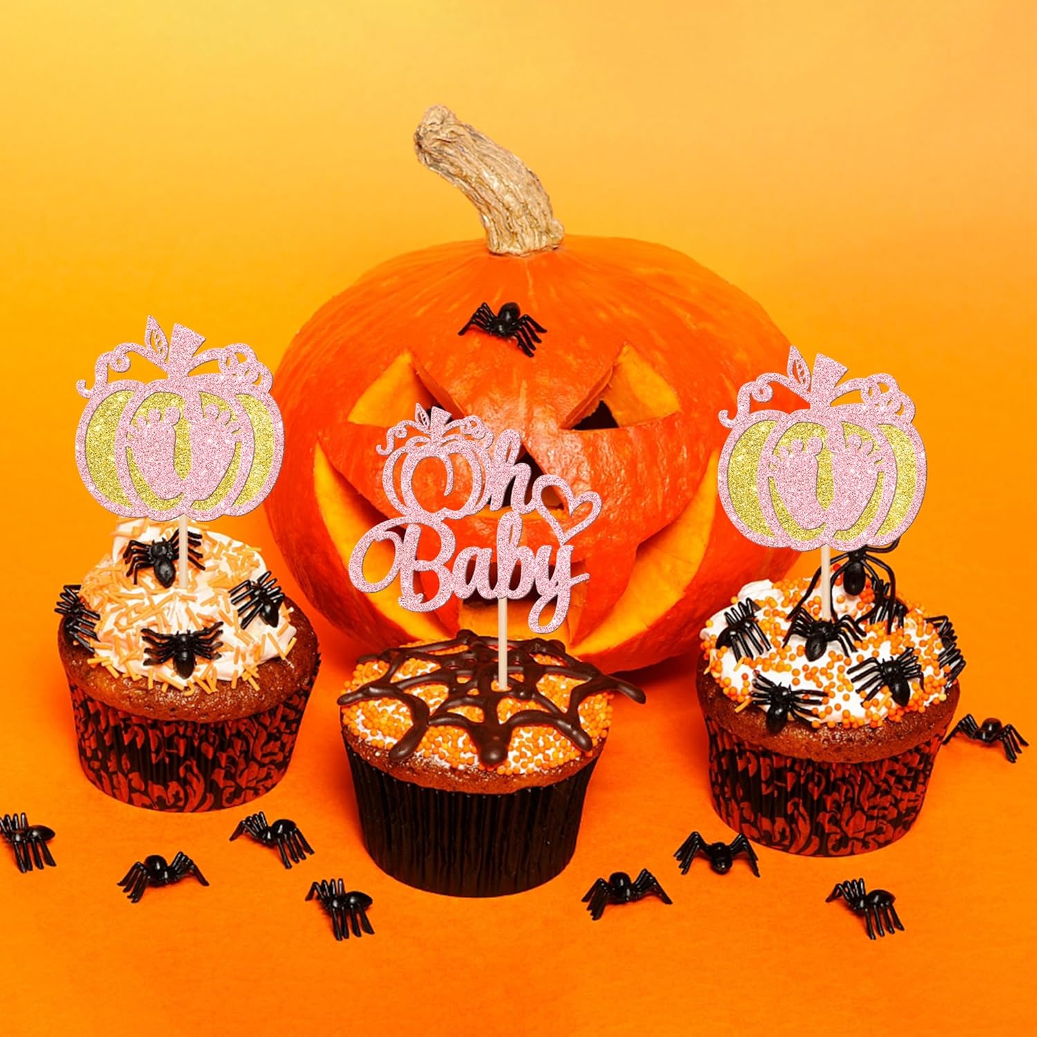 24 piezas de calabaza Oh Baby Cupcake Toppers Glitter Heart Baby Feet Calabaza Cupcake Picks para temática de otoño, baby shower, niños, cumpleaños,