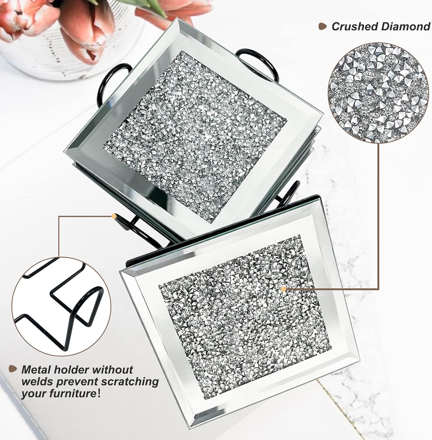 DILIBRA – Juego de 6 posavasos de vidrio con espejo con soporte, posavasos modernos con cristales brillantes para Dirnk, platos de vidrio de