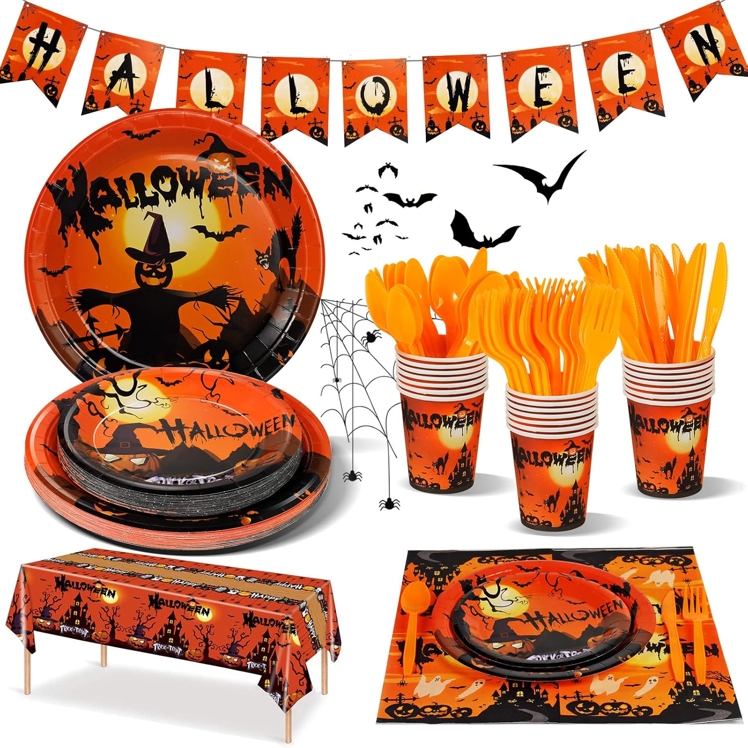 141 piezas de suministros para fiesta de Halloween  Decoración de fiesta de Halloween incluye platos, vasos, servilletas, pancarta, cubiertos,