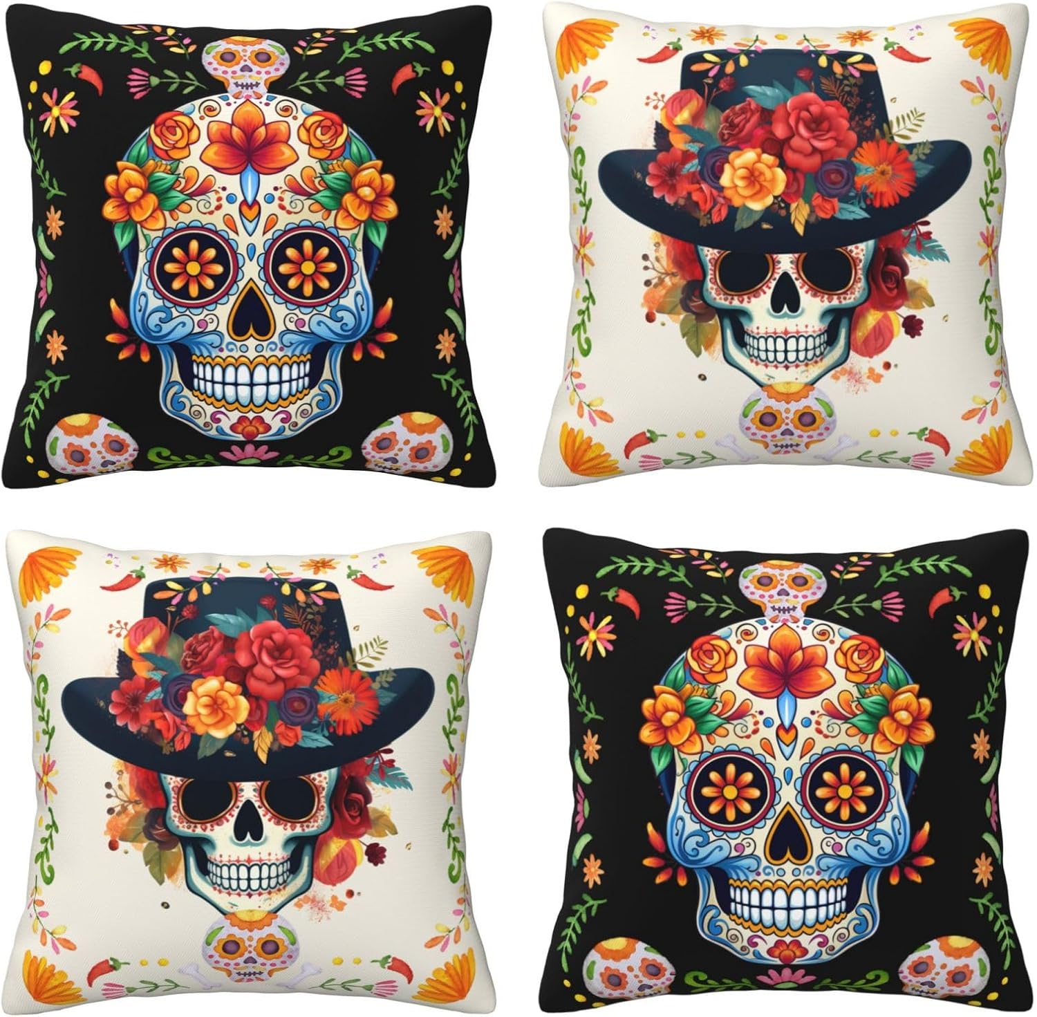 Yuejher 4 fundas de almohada decorativas del Día de los Muertos, fundas de almohada de calavera de azúcar mexicana, fundas de cojín cuadradas para
