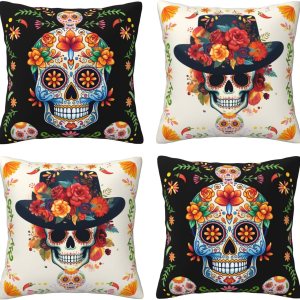 Yuejher 4 fundas de almohada decorativas del Día de los Muertos, fundas de almohada de calavera de azúcar mexicana, fundas de cojín cuadradas para Yuejher 4 fundas de almohada decorativas del Día de los Muertos, fundas de almohada de calavera de azúcar mexicana, fundas de cojín cuadradas para