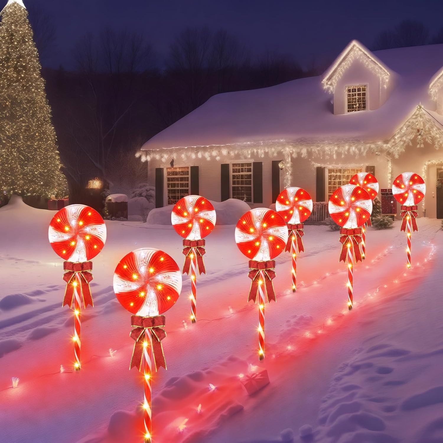 2 juegos de decoraciones de Navidad para exteriores, 26 pulgadas, piruleta de menta, bastón de caramelo, luces de camino, 160 LED, 8 modos de