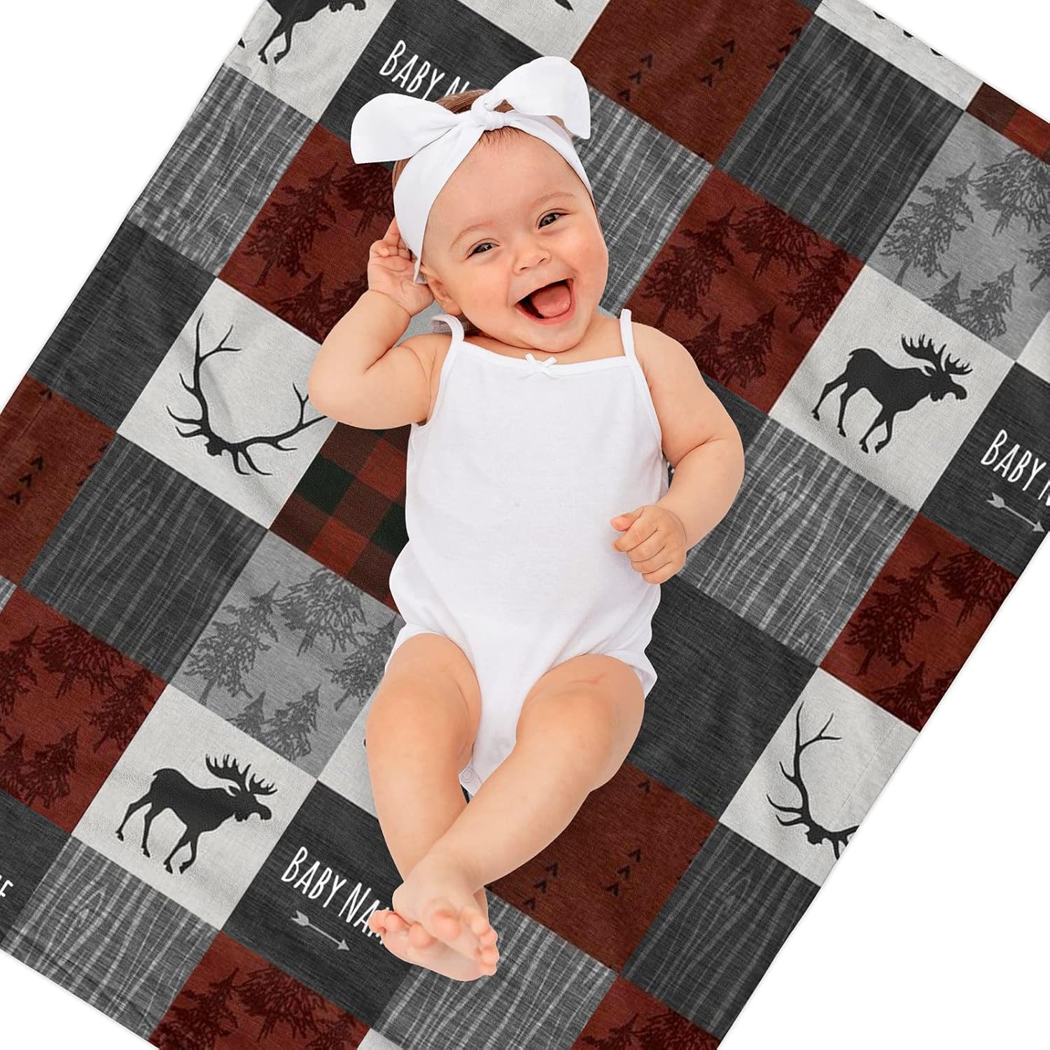 Woodland Deer and Bear – Mantas de bebé neutras personalizadas con nombre, manta suave y acogedora para niños y niñas, decoración de guardería del