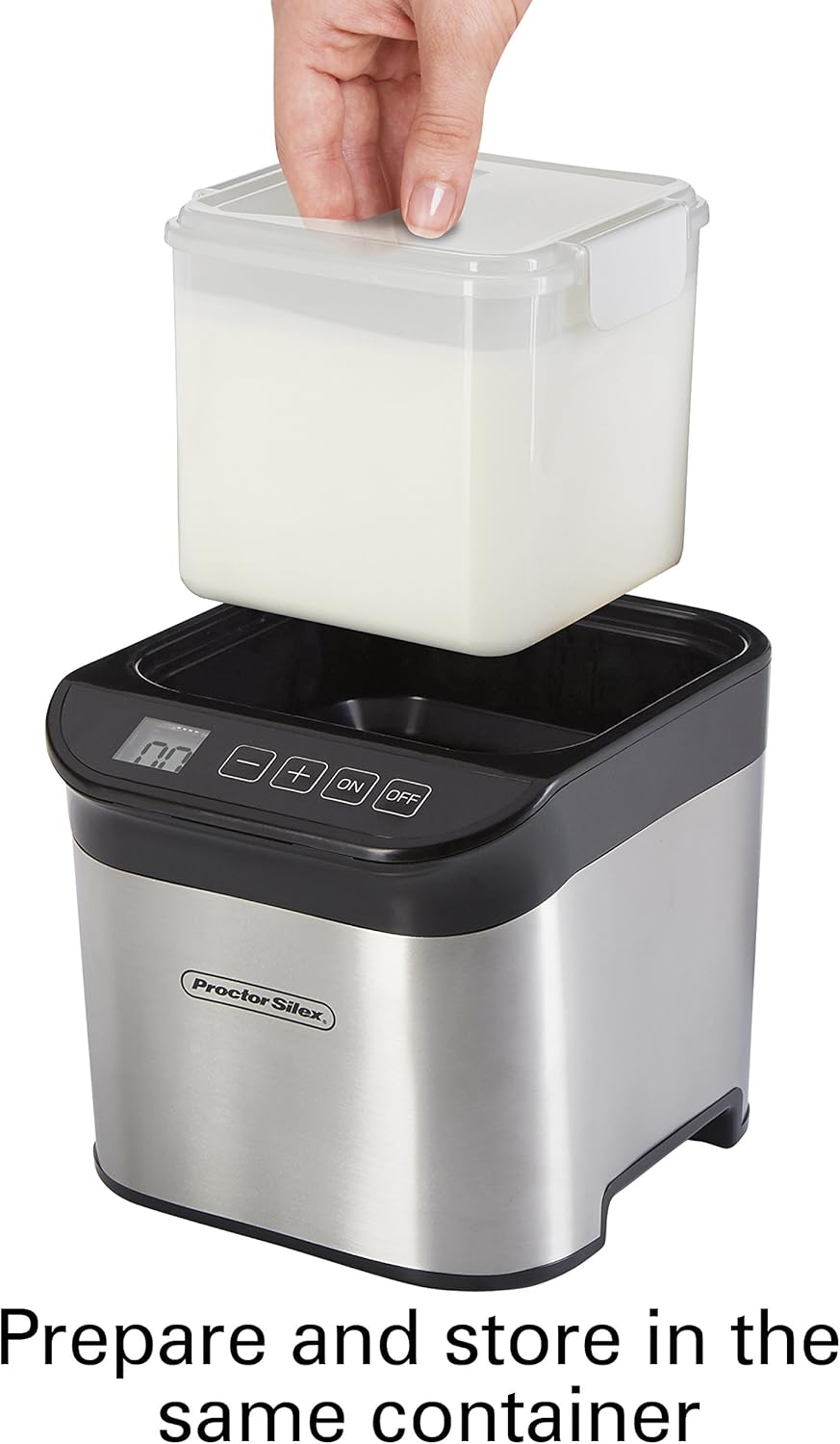 Proctor Silex Máquina para hacer yogur regular o griego con pantalla LCD, contenedor de almacenamiento sin BPA, 32 onzas, acero inoxidable (86300)