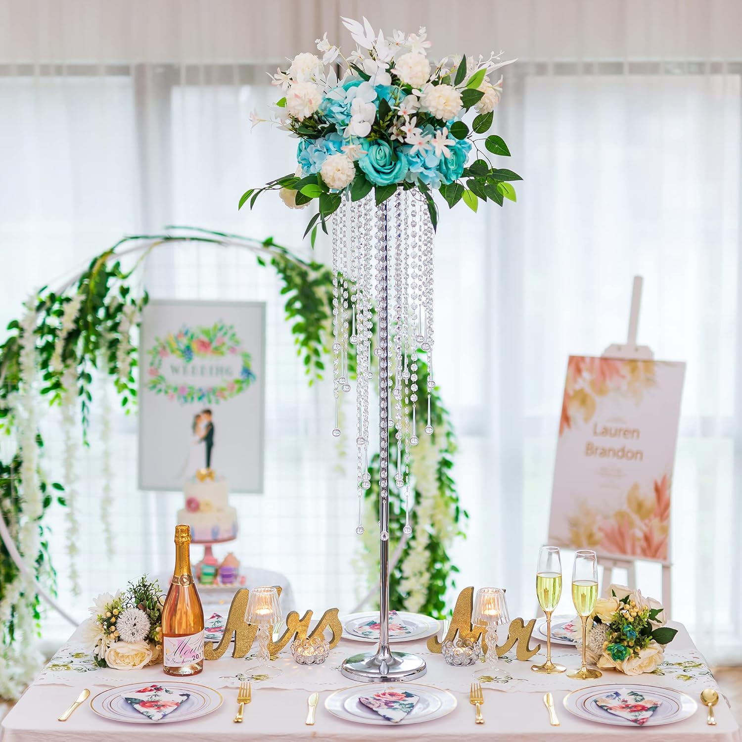 Jarrones altos para centros de mesa de boda, florero plateado de 39.4 pulgadas con cristal de araña, decoración de mesa de centro de mesa, soporte