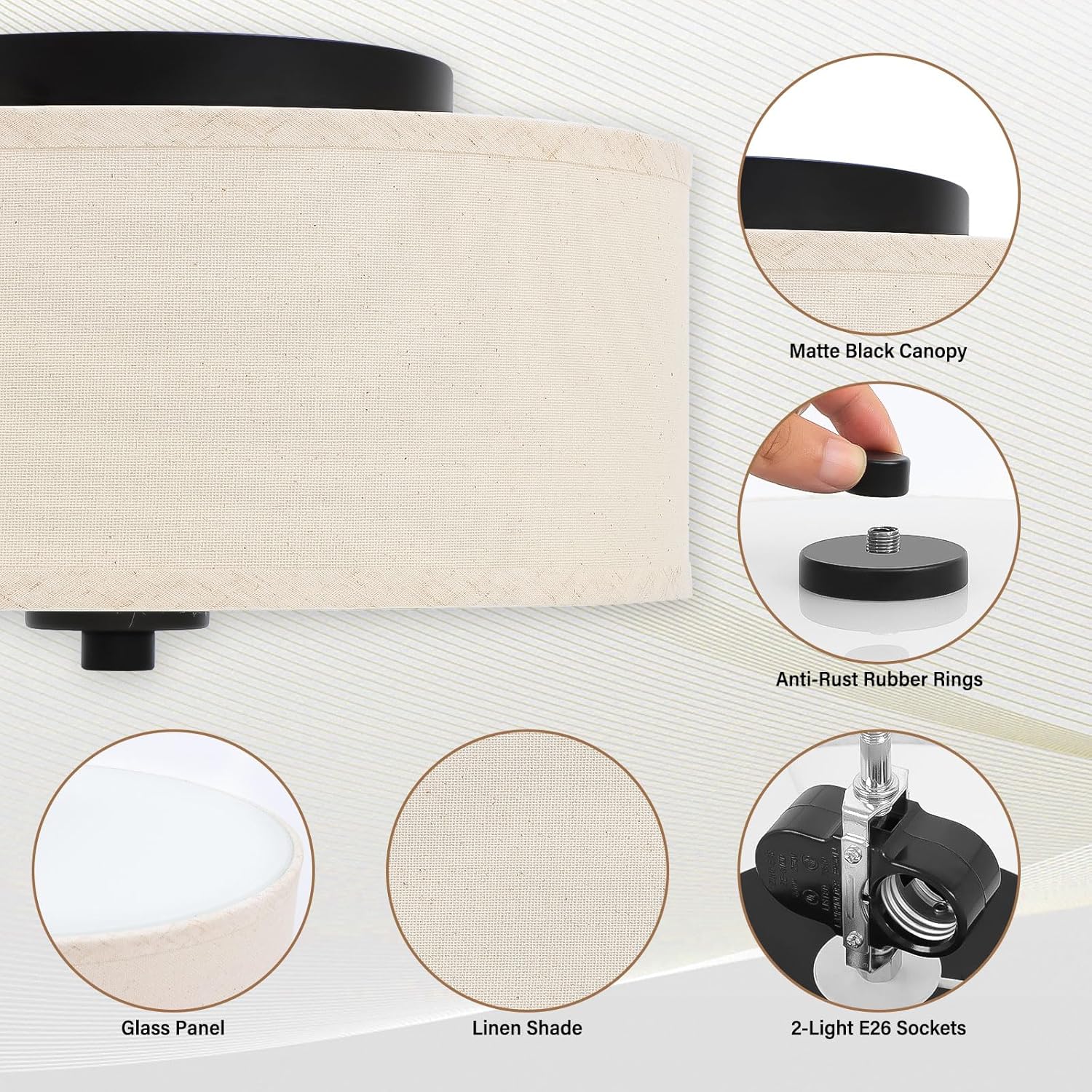 Lodstob Lámpara de techo empotrada de 2 luces, moderna de 12 pulgadas con pantalla de tambor de tela beige, lámpara colgante redonda para