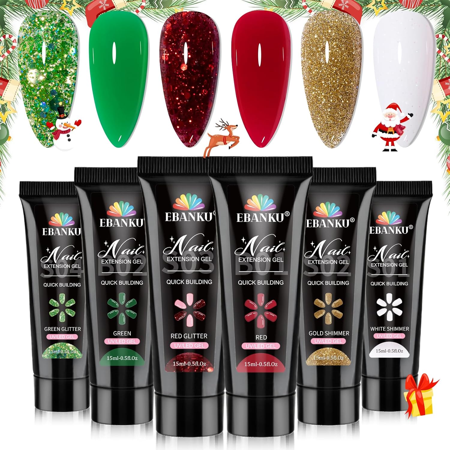 EBANKU – Kit de gel de extensión de uñas de poliéster de 6 colores, blanco, verde, rojo, purpurina, dorado, colores clásicos, día de San Valentín,