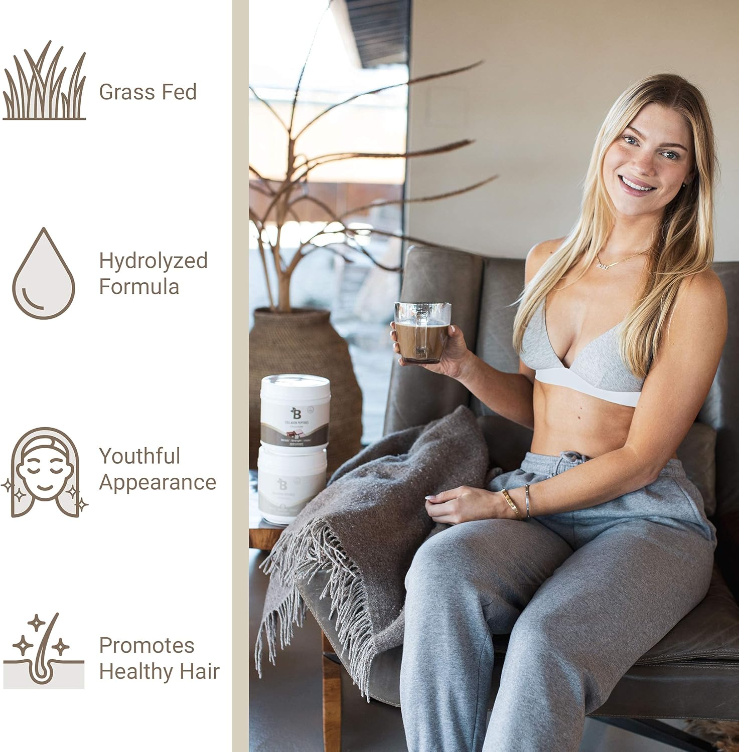 Bloom Nutrition Proteína en polvo de péptidos de colágeno hidrolizados alimentados con pasto con ácido hialurónico, apoyo inmunológico de vitamina