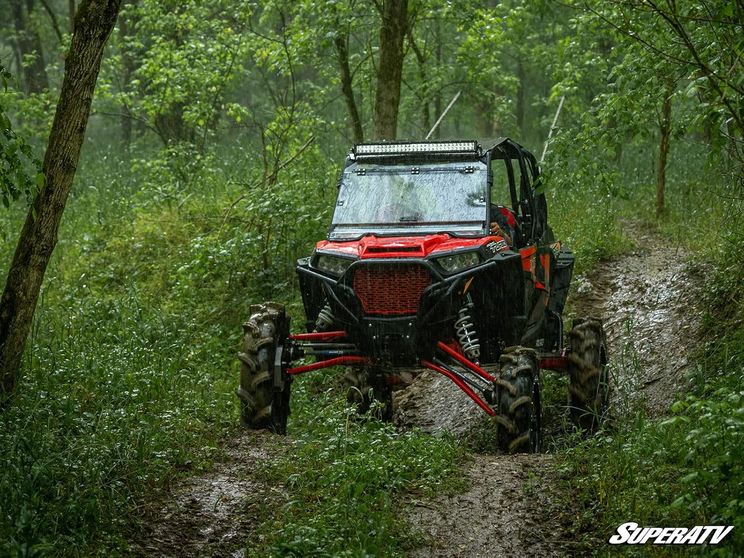 SuperATV (2) Brazos A de baja holgura alta para Polaris RZR XP TurboXP 4 Turbo 2016-2021  No ajustable  Rojo  Rótulas de servicio estándar  Tubo de