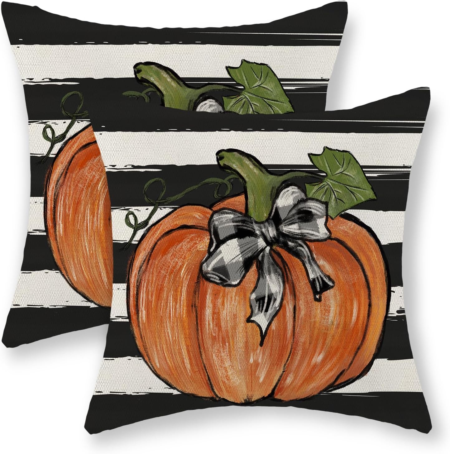 Juego de 2 fundas de almohada de otoño de 16 x 16 pulgadas, diseño de hojas de arce y rayas, decoración de otoño, de lino, Acción de Gracias, para