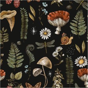 UniGoos Papel tapiz de helecho con caracoles y champiñones, vinilo retro, autoadhesivo, papel de pared temporal, fondo negro, papel de contacto UniGoos Papel tapiz de helecho con caracoles y champiñones, vinilo retro, autoadhesivo, papel de pared temporal, fondo negro, papel de contacto