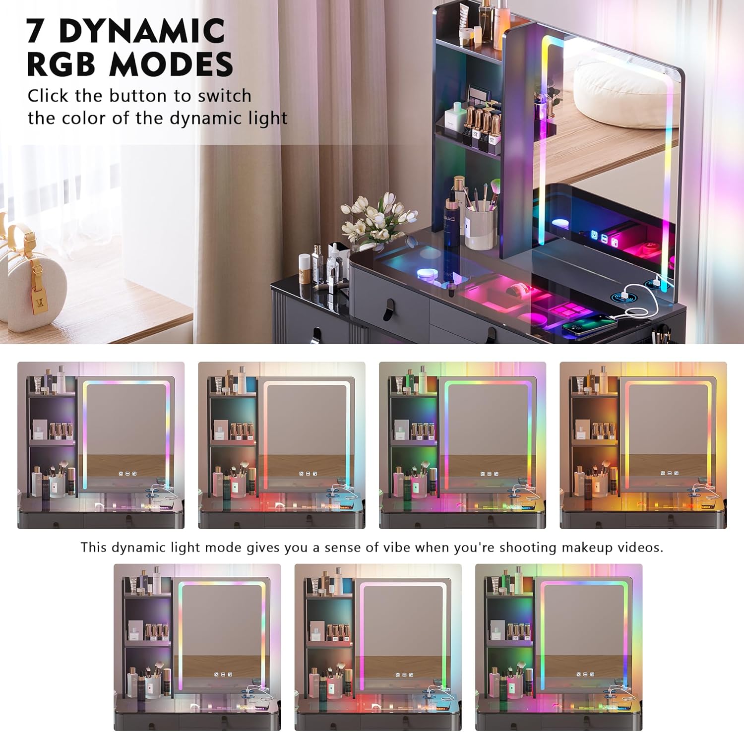 Escritorio de maquillaje RGB con espejo y luces, juego de mesa de tocador de 7 dinámicas y 7 estáticas regulables con estación de carga inalámbrica,
