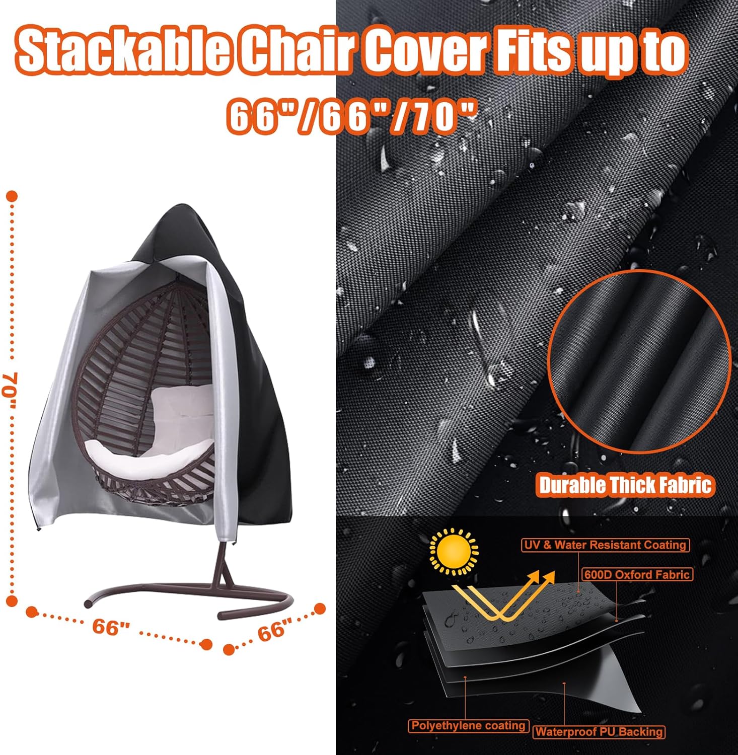 Funda para silla de huevo colgante de patio, 70 pulgadas de alto x 66 pulgadas de profundidad, impermeable, resistente a la intemperie, muebles de