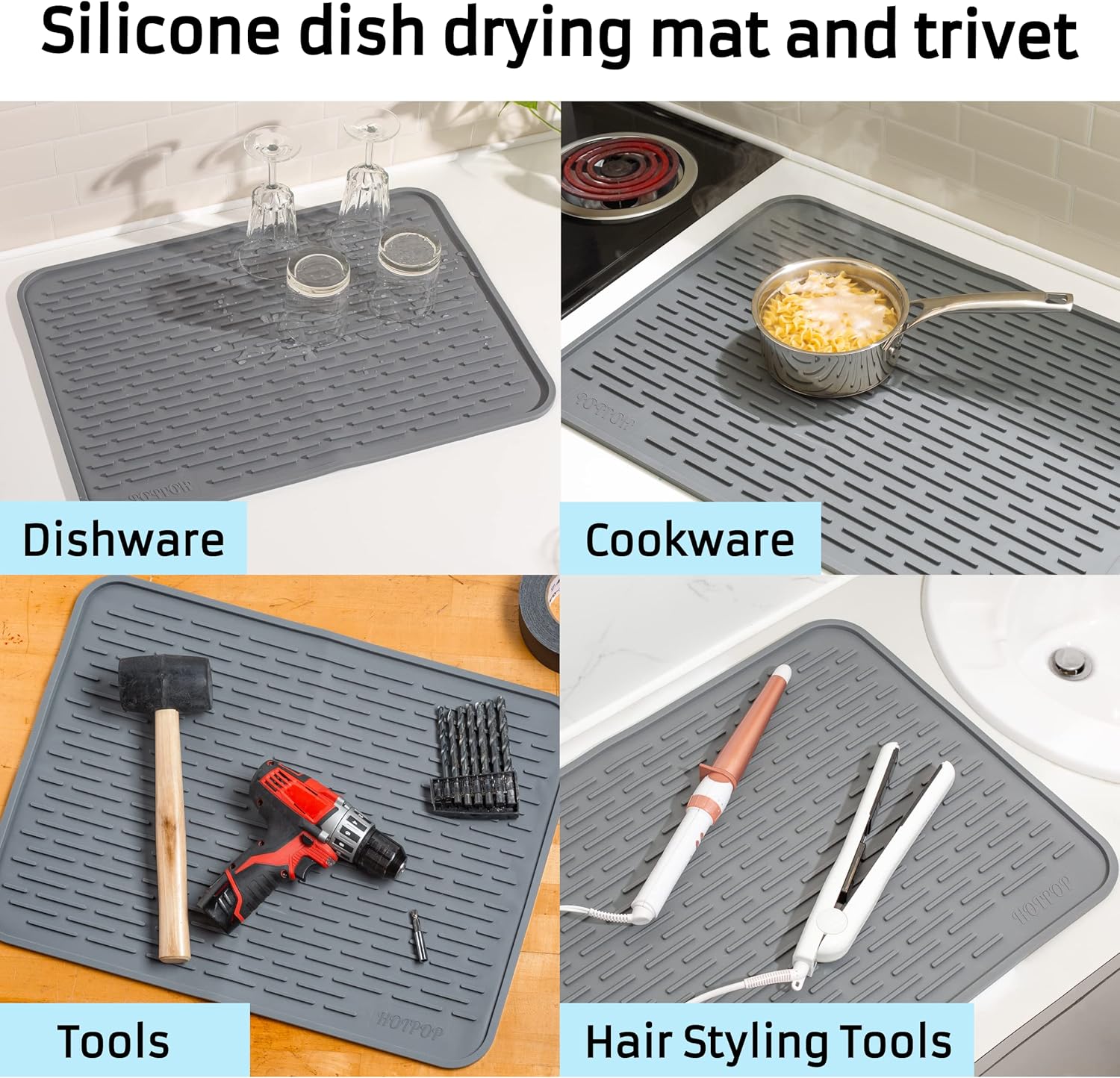 HOTPOP Tapete de secado de platos de silicona gris XXL de 24 x 18 pulgadas y salvamanteles grandes, apto para lavavajillas, resistente al calor,