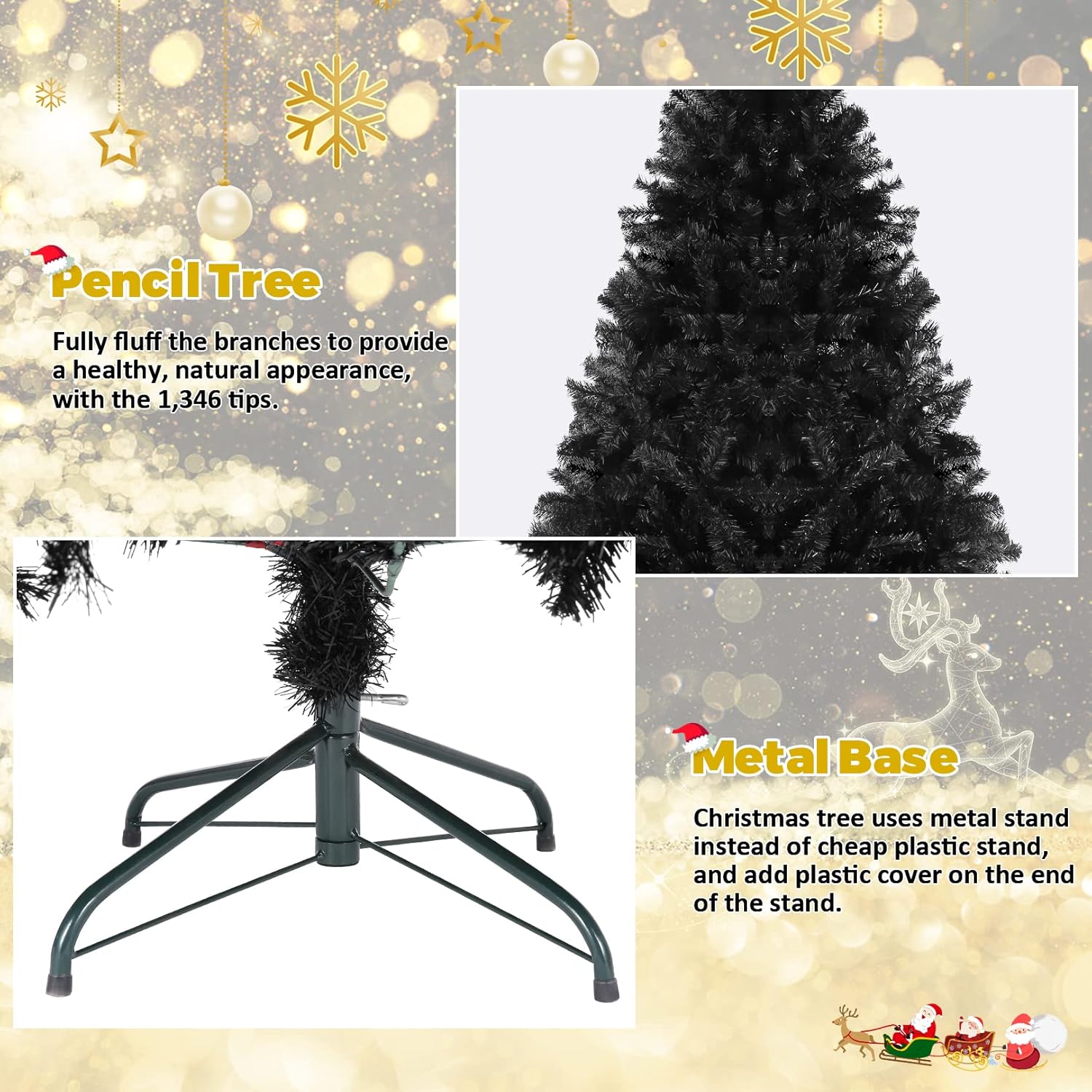 Árbol de Halloween artificial negro de 7.5 pies, sin luz, árbol de Navidad de abeto con bisagras de alta calidad con 1346 puntas de ramas y soporte