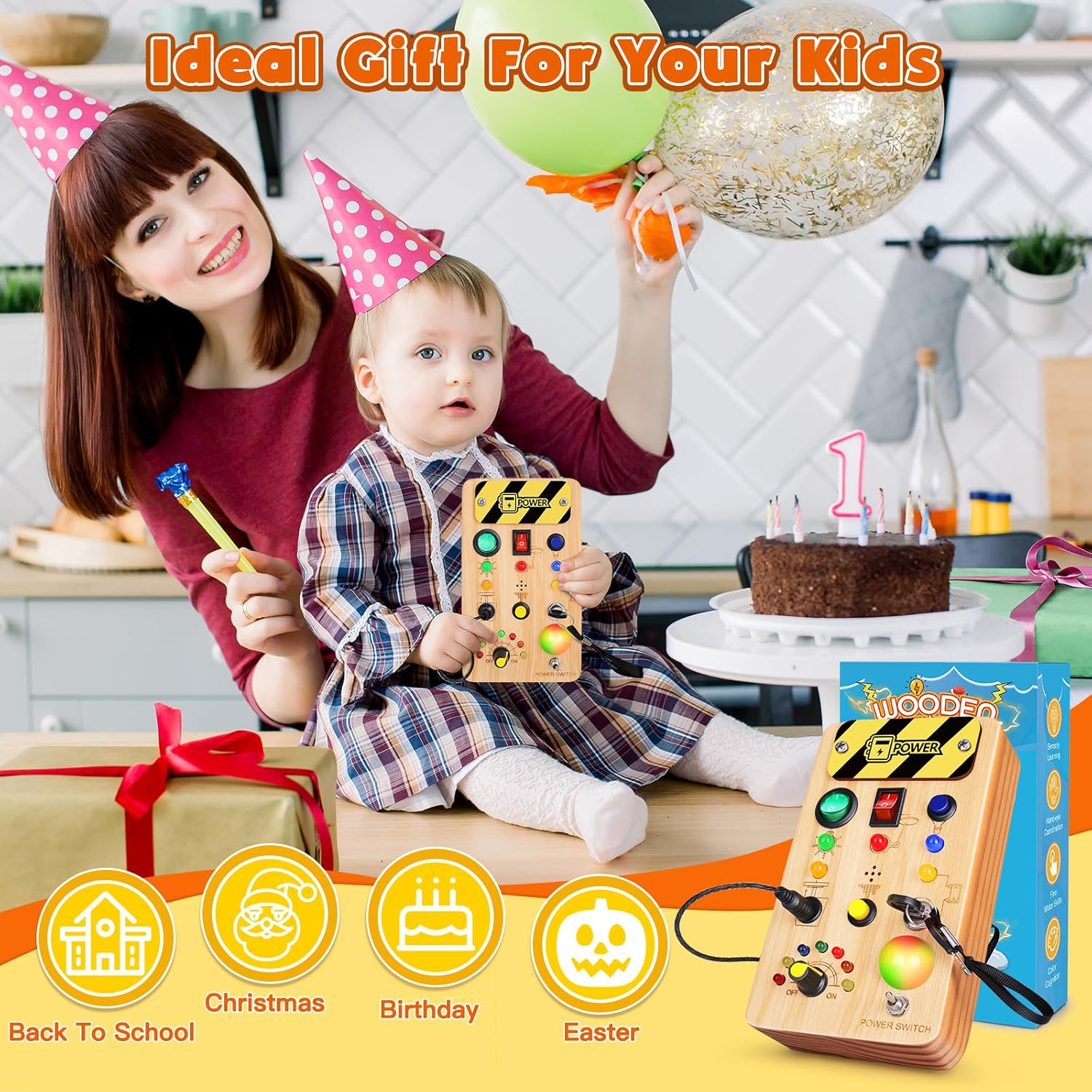 TINTECUSA Tablero de actividades Montessori de juguete para niños pequeños, juguete sensorial de madera con luz LED que cambia de color, juguetes de