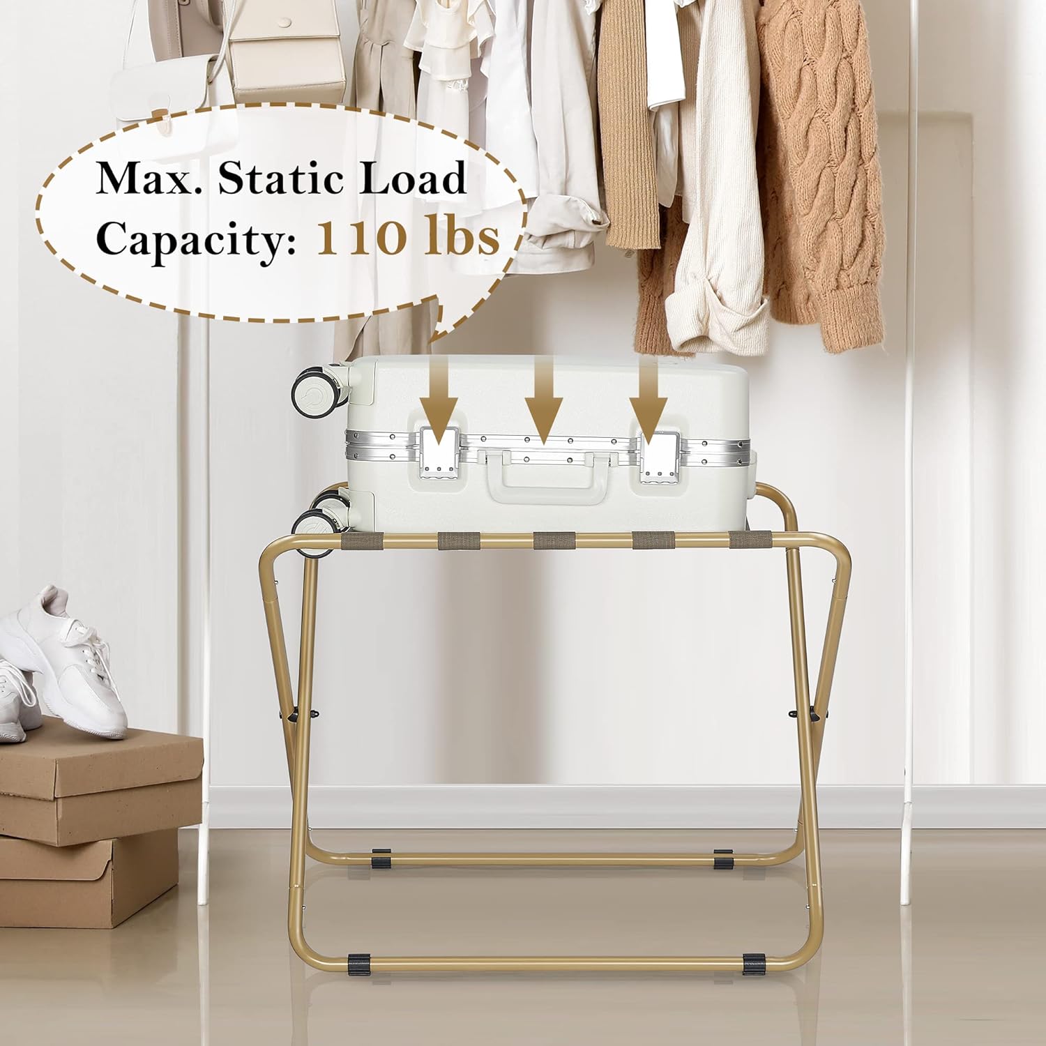 ELYKEN Portaequipajes para habitación de invitados, paquete de 2, soporte plegable para maleta, resistente con rodamiento de carga de 110 libras,