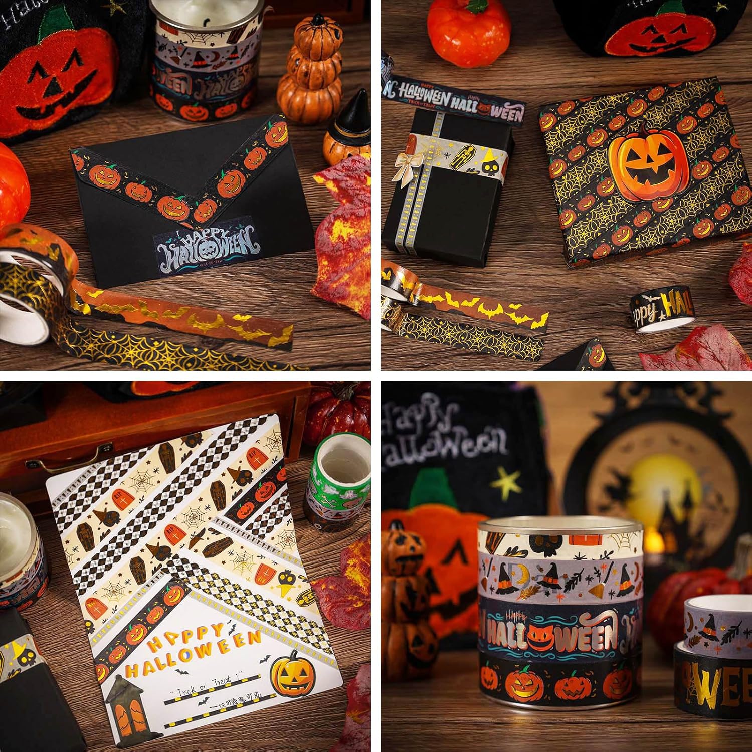 AEBORN Juego de cintas Washi de Halloween, 16 rollos de cintas decorativas de lámina dorada con gato, calabaza, fantasma, bruja, perfecto para