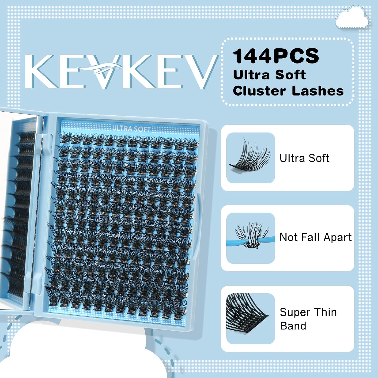 KevKev Extensiones de pestañas individuales en racimo de pestañas de estilo plano, 144 unidades, extensiones de pestañas en racimo de banda fina y