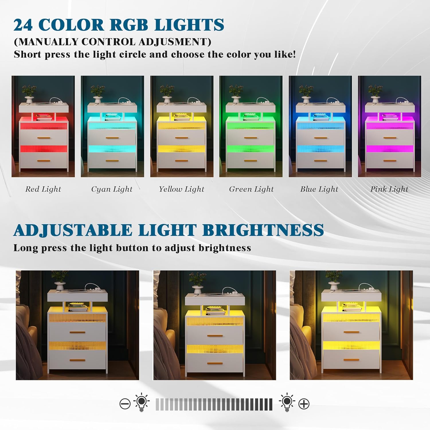 WOOVIVS Juego de 2 mesitas de noche LED con estación de carga inalámbrica y puertos USBC, soporte de noche LED de 24 colores con sensor de