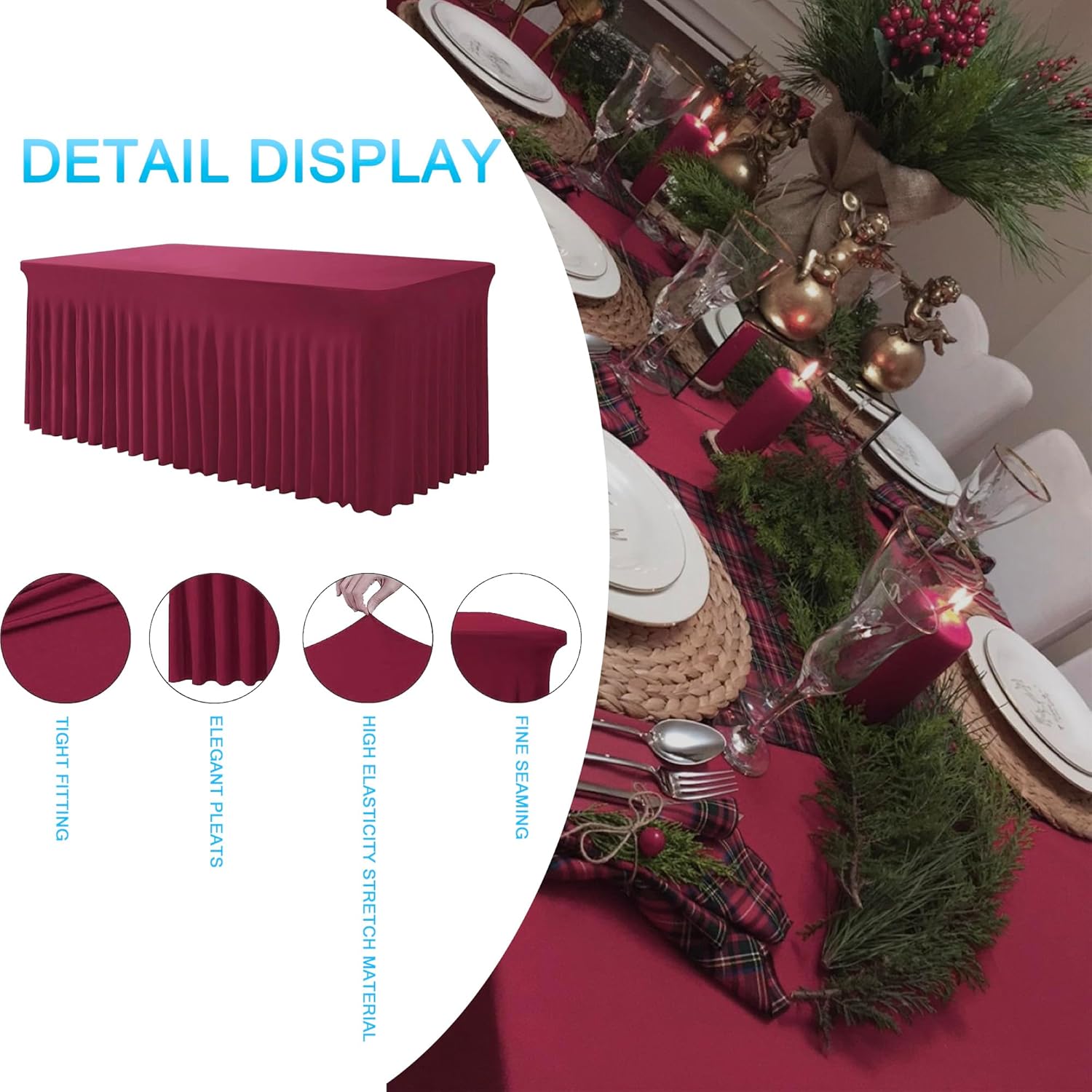 CHUZHONG Falda de mesa de elastano para mesa rectangular, fundas de mesa ajustables para mesas de 6 pies, mantel elástico resistente a las arrugas