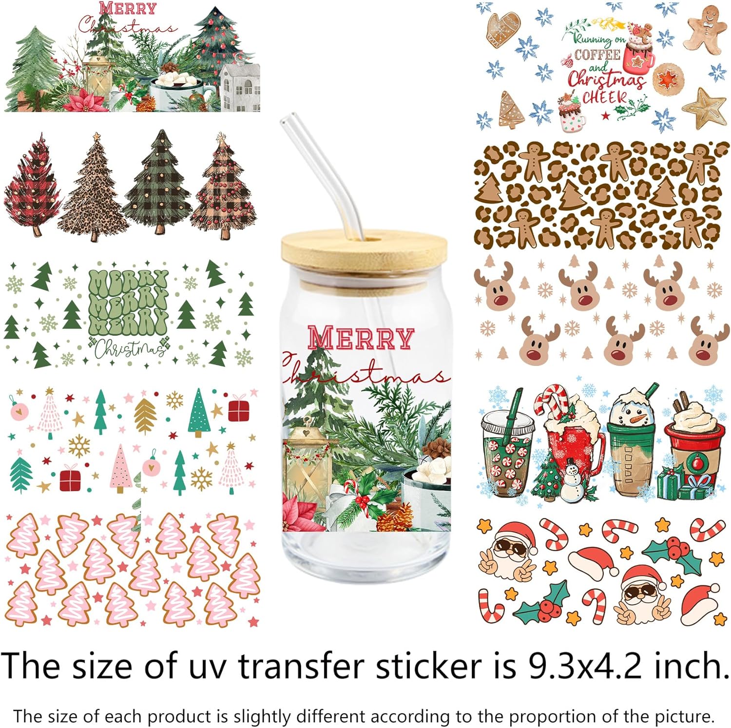 10 hojas de calcomanías de transferencia de Navidad UV DTF 3D tazas envolturas calcomanías para taza de vidrio Libbey de 16 onzas impermeable frotar