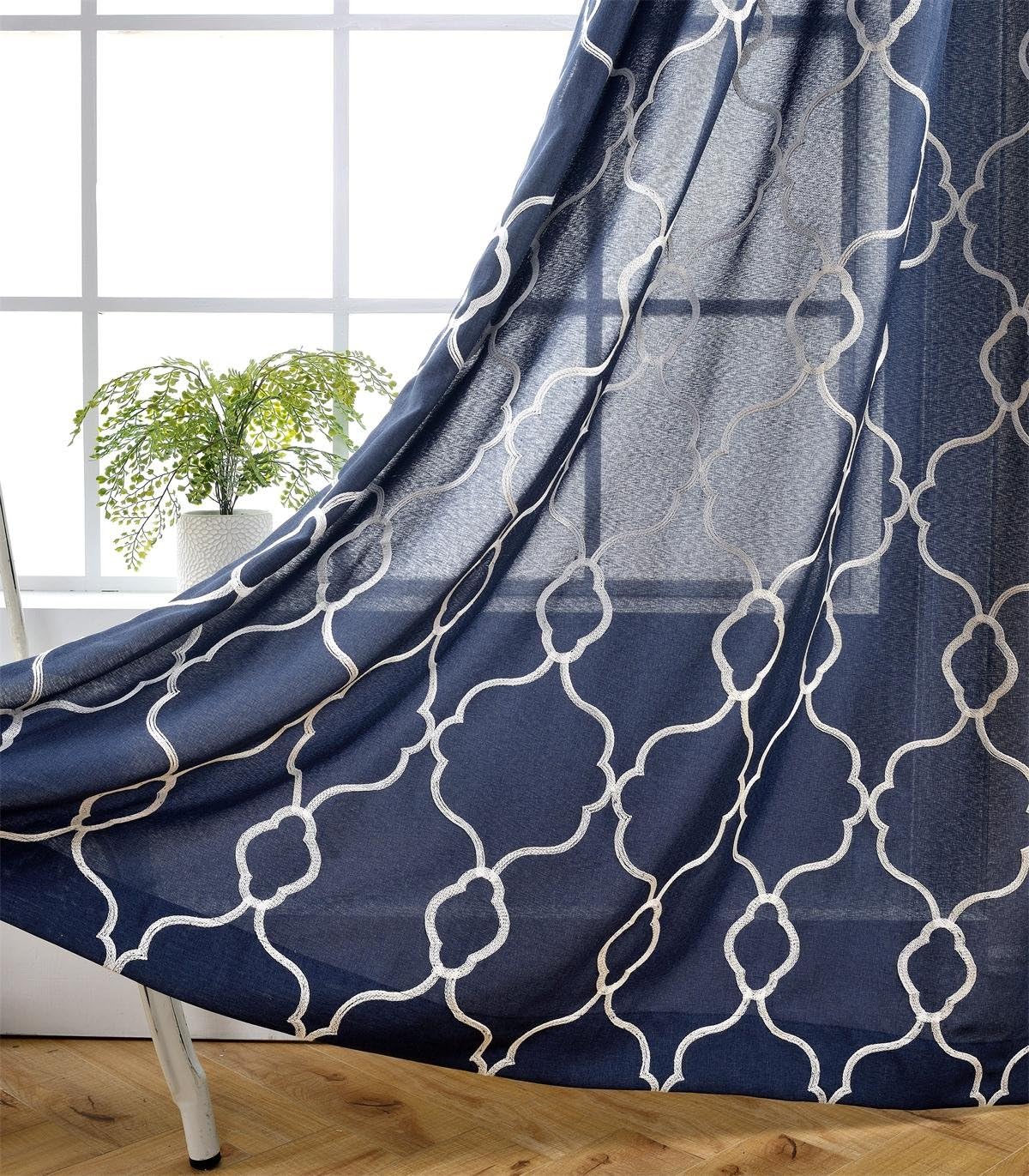 Miuco, cortinas de imitación de lino con bordado marroquí, semitransparentes, con ojales para salón o dormitorio