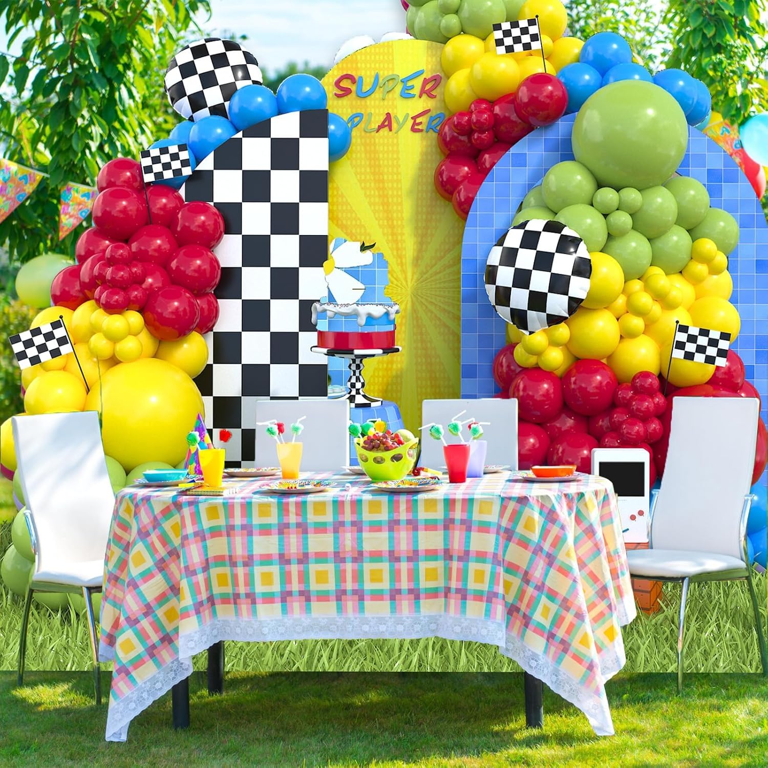 Kit de arco de globos, kit de guirnalda de globos rojo, azul, verde, amarillo, con cuadrícula negra y blanca de aluminio para decoraciones de