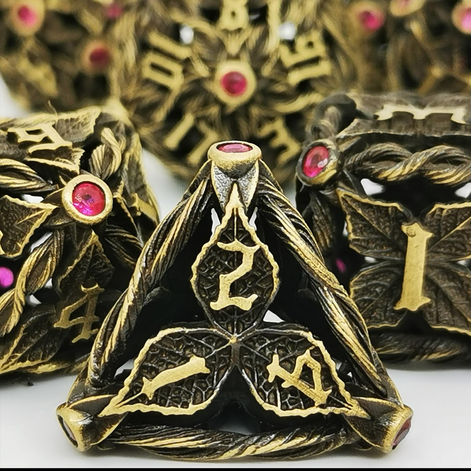 Juego de dados de metal con hojas de vid mágicas huecas, juego de 7 dados para juegos de rol, dados de D&D Dungeons and Dragons (bronce antiguo +