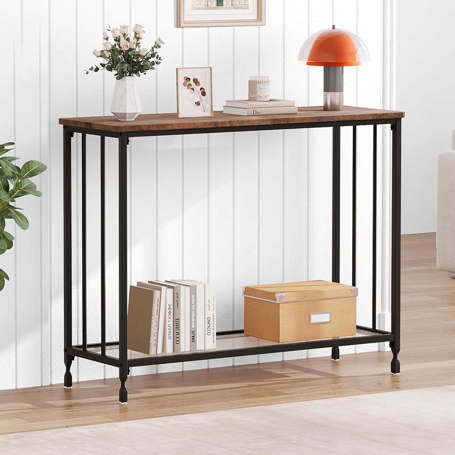 Mesa consola, mesas de sofá, mesa de entrada estrecha con estante de vidrio y marco de metal, mesa de pasillo industrial de 33.5 pulgadas para sala