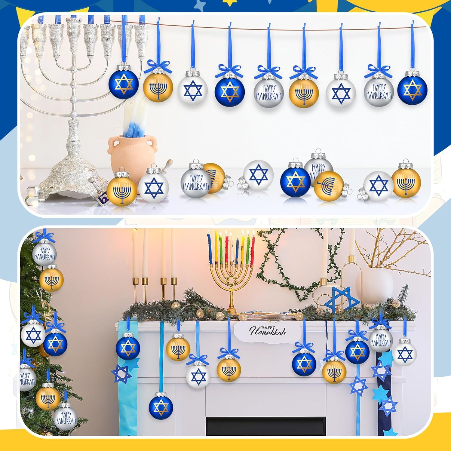 Tioncy 16 adornos de bola de Hanukkah, decoraciones judías de Janucá, juego de adornos de estrella de David, adornos decorativos de Janucá, bolas
