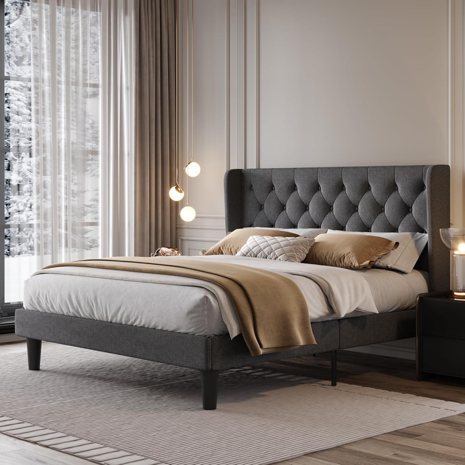 SHA CERLIN Base de cama tapizada de tamaño matrimonial con cabecera con respaldo de ala, tela de terciopelo copetudo, soporte de listones de madera,